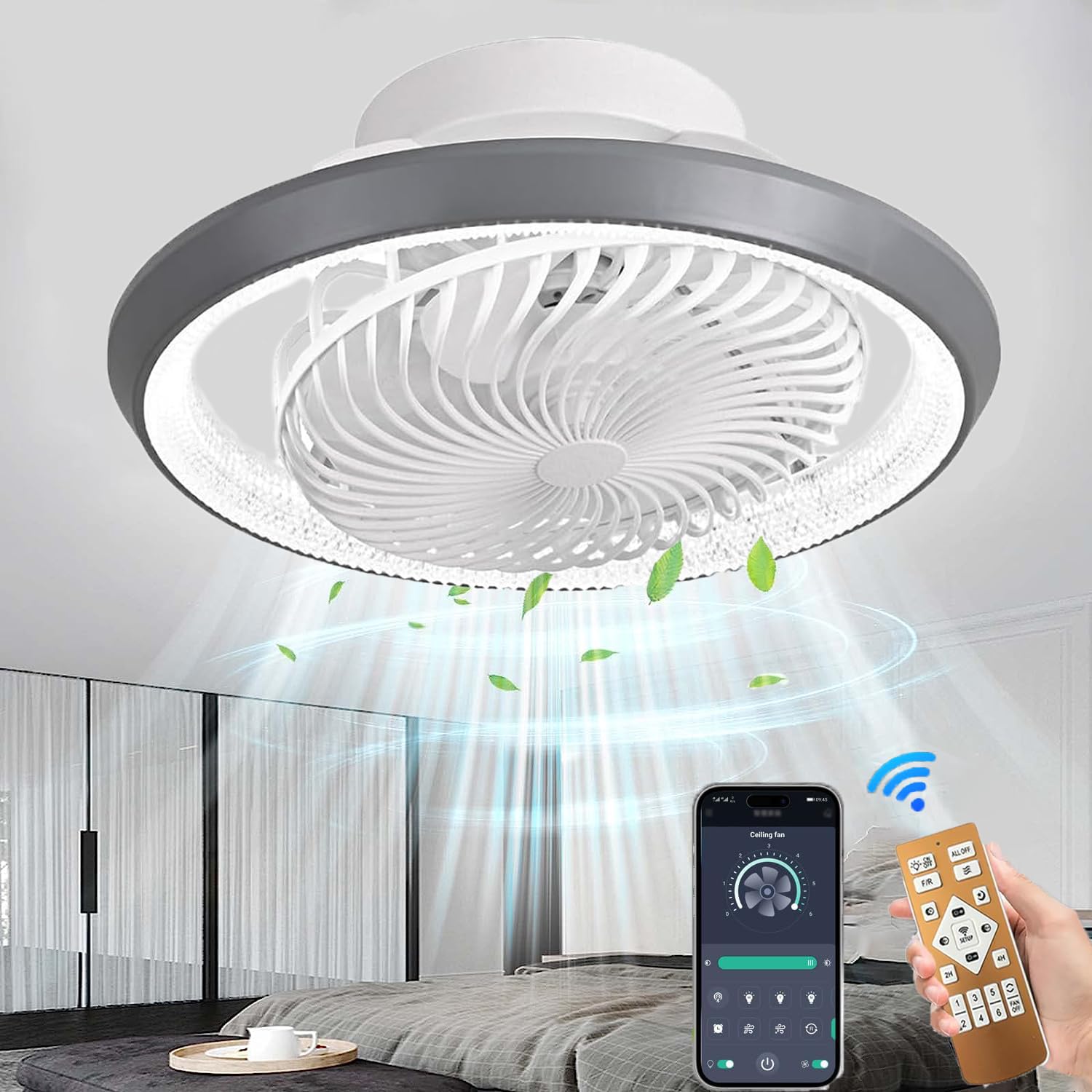 MQW ventilador de techo con iluminación Quiet LED ventilador invisible luz de techo 360 ° giratorio, regulable 48W con control remoto APP fan lamp, lámpara de techo para sala de estar, comedor, 50CM…