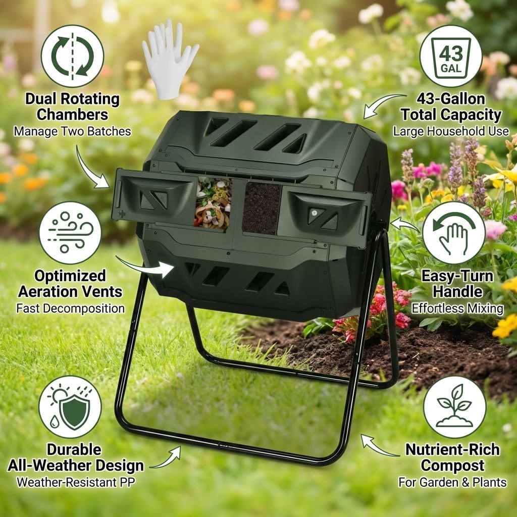 43 Gallon Composting Tumbler with Dual Rotating Chamber, Compost bin Outdoor Compost Bin for Fast Decomposition, Dual-Batch Composter with Aeration Vents and Easy-Turn Home Compost