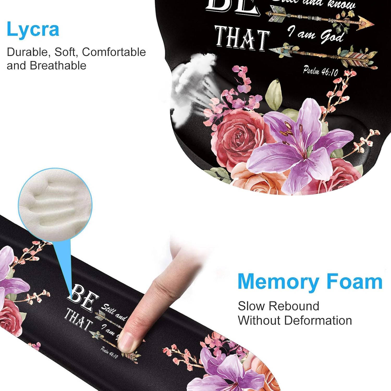 Keyboard Wrist Rest and Mouse Pad Wrist Support Set with Coffee Coaster, Non-Slip PU Base for Gaming and Office, Comfortable & Lightweight for Easy Typing & Pain Relief,Flower Bible Verse Psalm 46-10