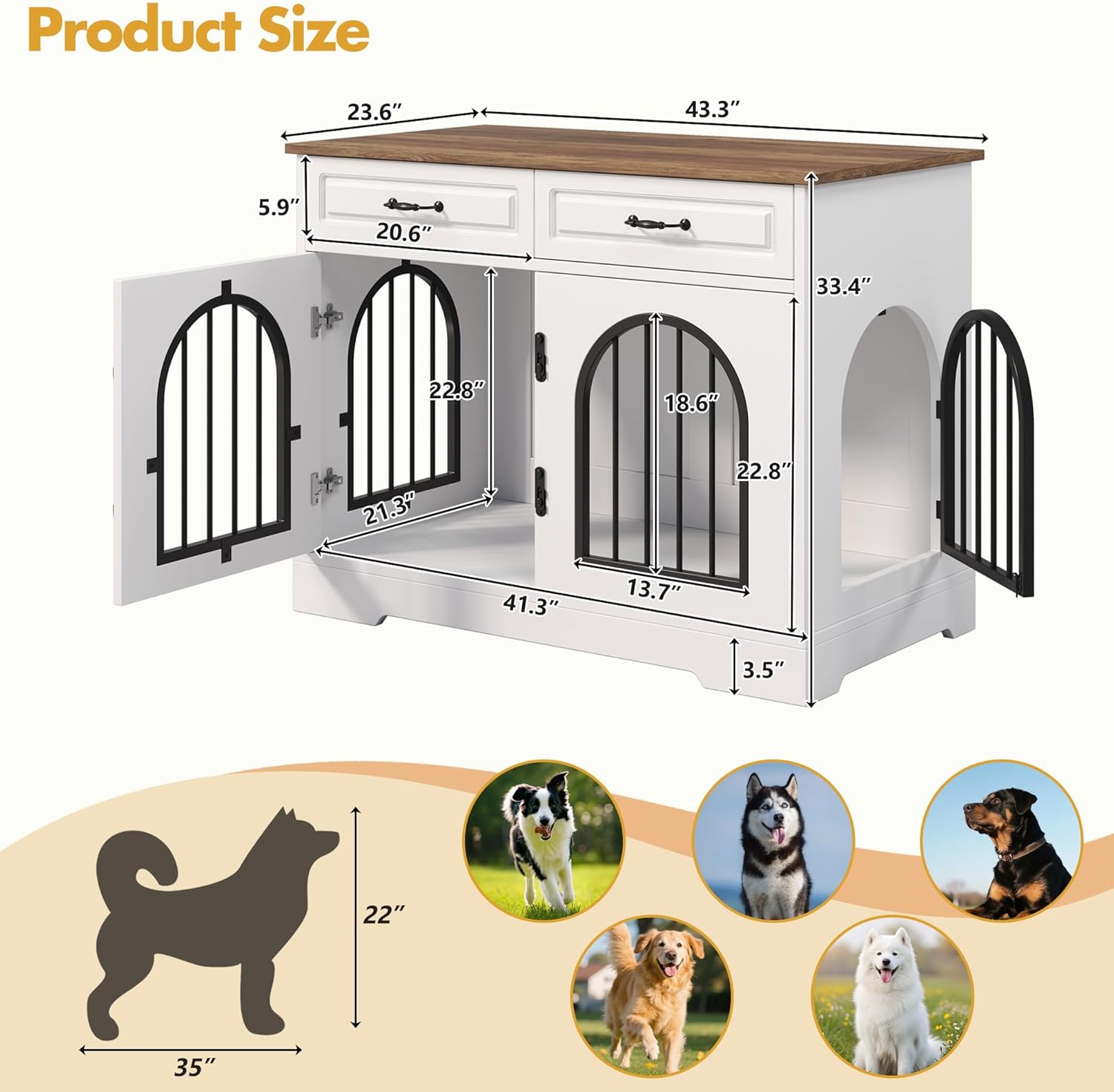 Merax 43.3" Dog Crate Furniture & Side Table –Indoor Wooden Dog Kennel with 2 Storage Drawers & Arched Doors –Heavy Duty Pet Cage with Side Access for Medium/Large Dogs (Up to 100 lbs), White & Brown