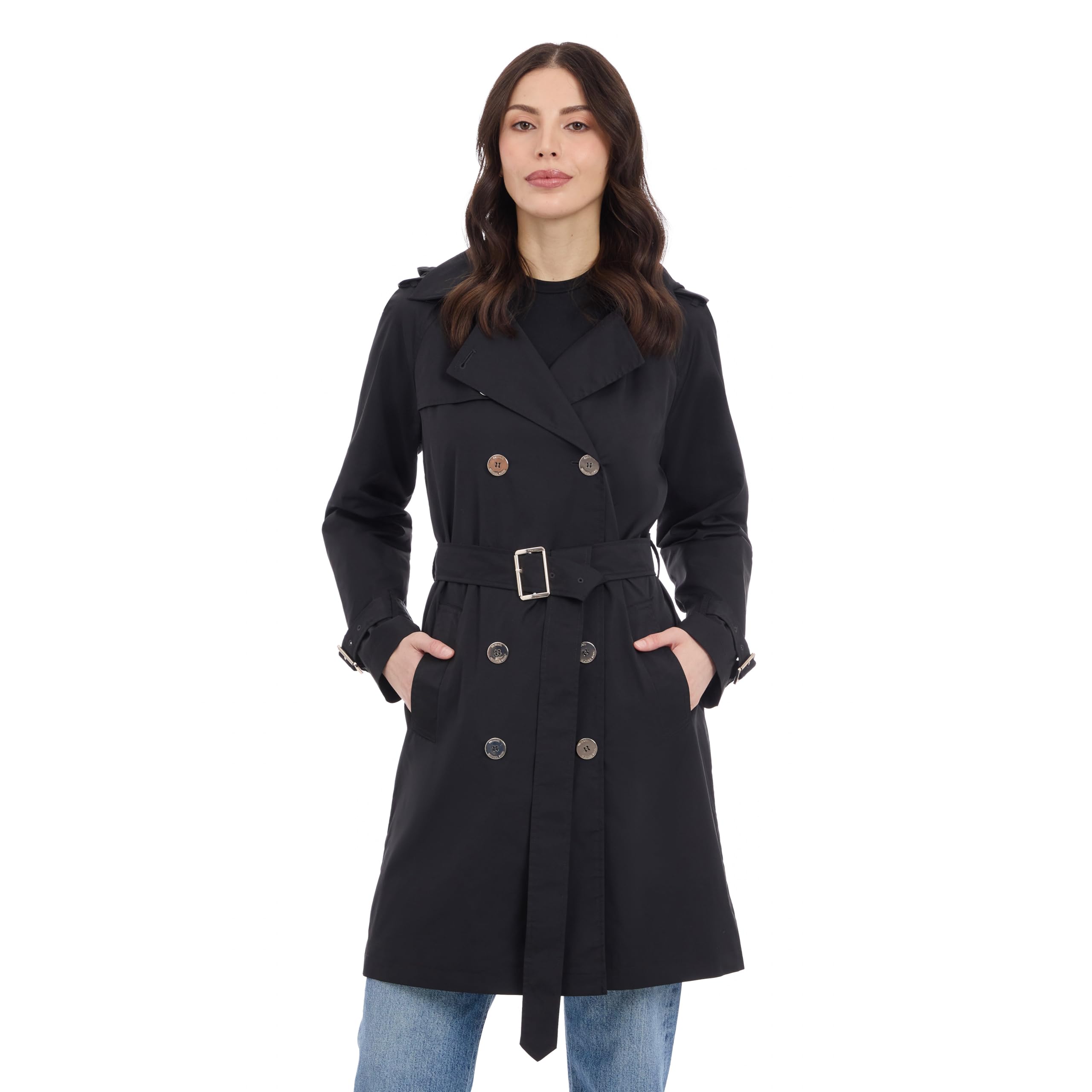 Michael Kors Women's Double Button Trench Coat with Belt and Detachable Hood Trenchcoat, Black, XL