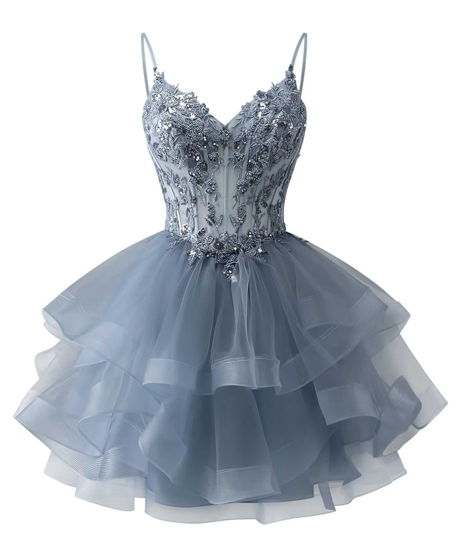 Zeeyecie Tiered Tulle Homecoming Dresses Sparkly Lace Applique Beaded Short Prom Dress for Teens Quinceanera DAMA Dress