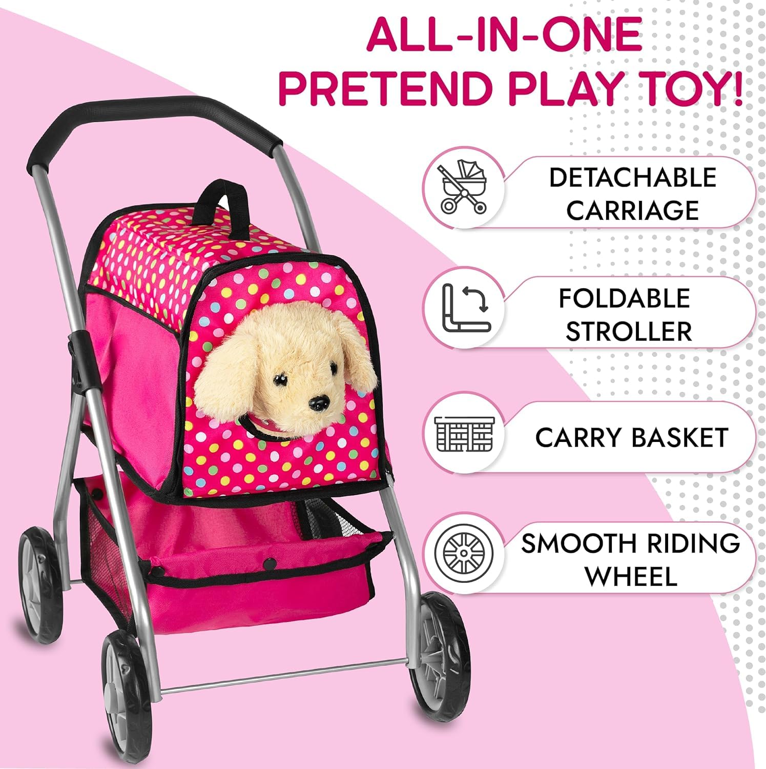 Puppy Doll Stroller - Remote Control Electronic Plush Puppy Dog Toy - Singing, Walking, Barking, Tail Wagging, Kids Girls Plush Electronic Interact Puppy Toys for Kids - Pretend and Play Little Toys,