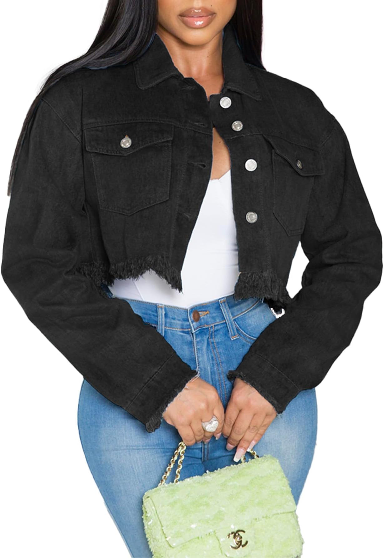 LaiyiVicJean Jacket Women Cropped Denim Jacket Button Down Long Sleeve Fitted Crop Top Frayed Hem Jean Coat(Black,S), Black, Small