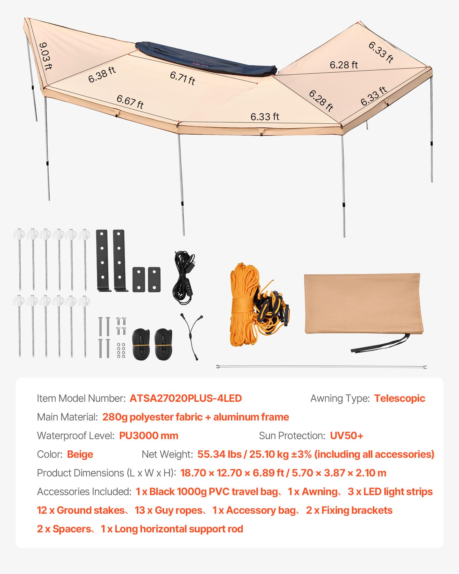 VEVOR Markise Auto, 5,7x3,87x2,1 m, 270°-Markise mit integrierten LED-Leuchten, Sonnensegel, UV50+, freistehende Allwetter-Automarkise, Sonnenunterkunft für SUV & LKW, ideal für Camping