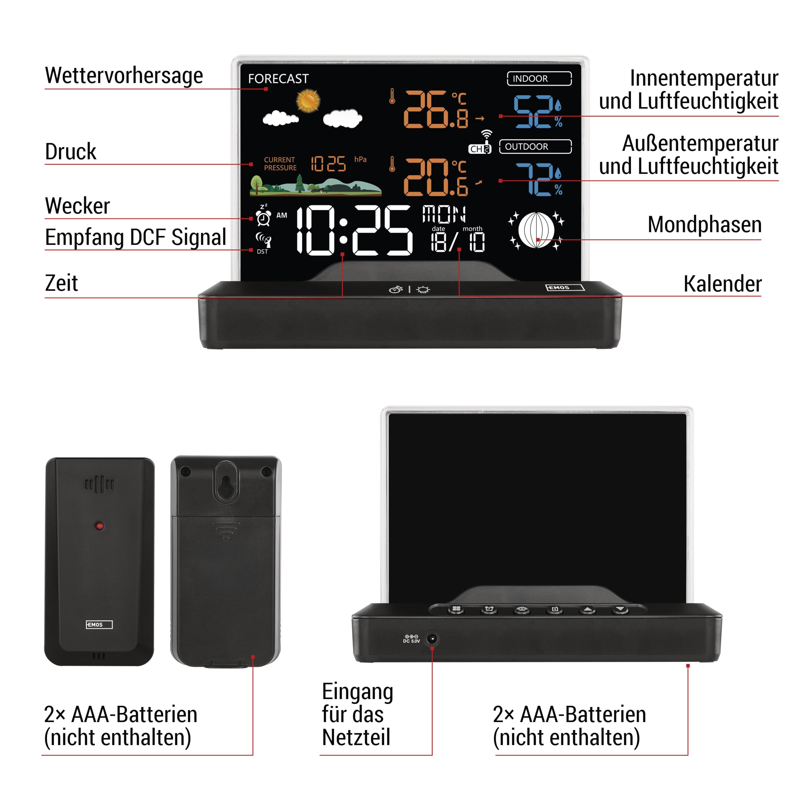 EMOS - rahmenlose Funk-Wetterstation mit Außensensor - Thermometer, Hygrometer, Barometer, Wettervorhersage, Memory - Funkuhr mit Wecker, Kalender - duale Stromversorgung (Netzteil/Batterie)