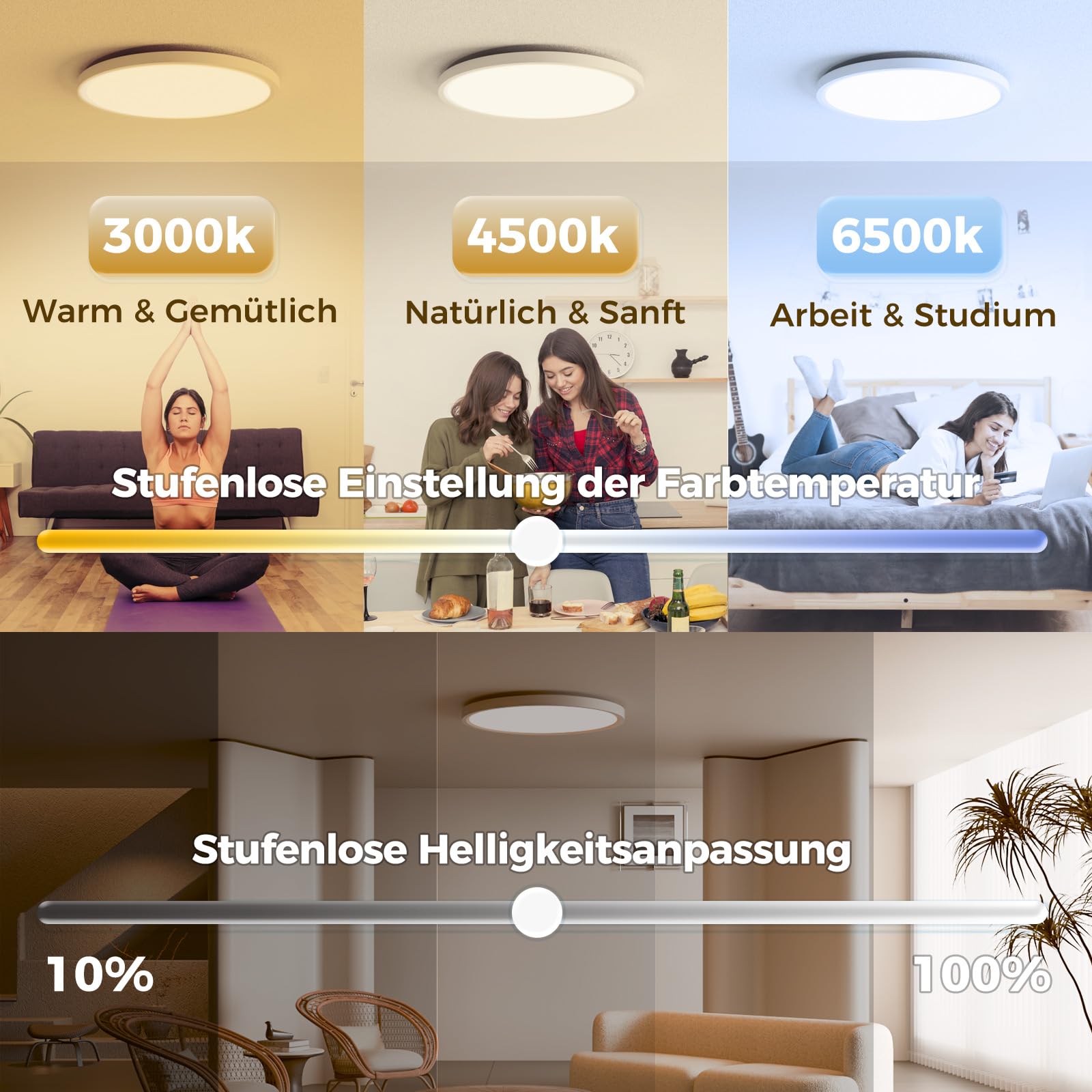 Lampe de Plafond LED Dimmable avec Télécommande, 24W RGB Change Couleur, Plafonnier Rond Plat, 3000K-6500K, Contrôle Intelligent via App, pour Chambre, Cuisine, Salon