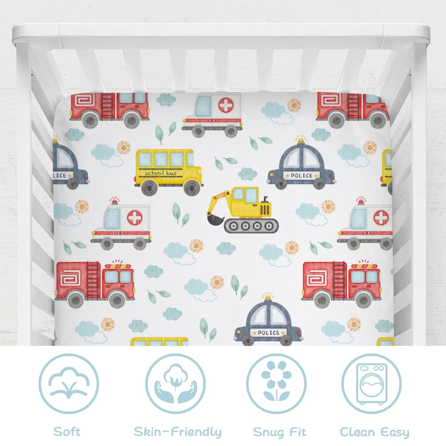 Watercolor Cars Baby Crib Sheets 52''x28'' Cute Transport Vechile Sun Clouds Leaves Snug Fitted Crib Mattress Cover for Boy Girl Cars Soft Nursery Bed Sheets for Standard Crib Toddler Mattress