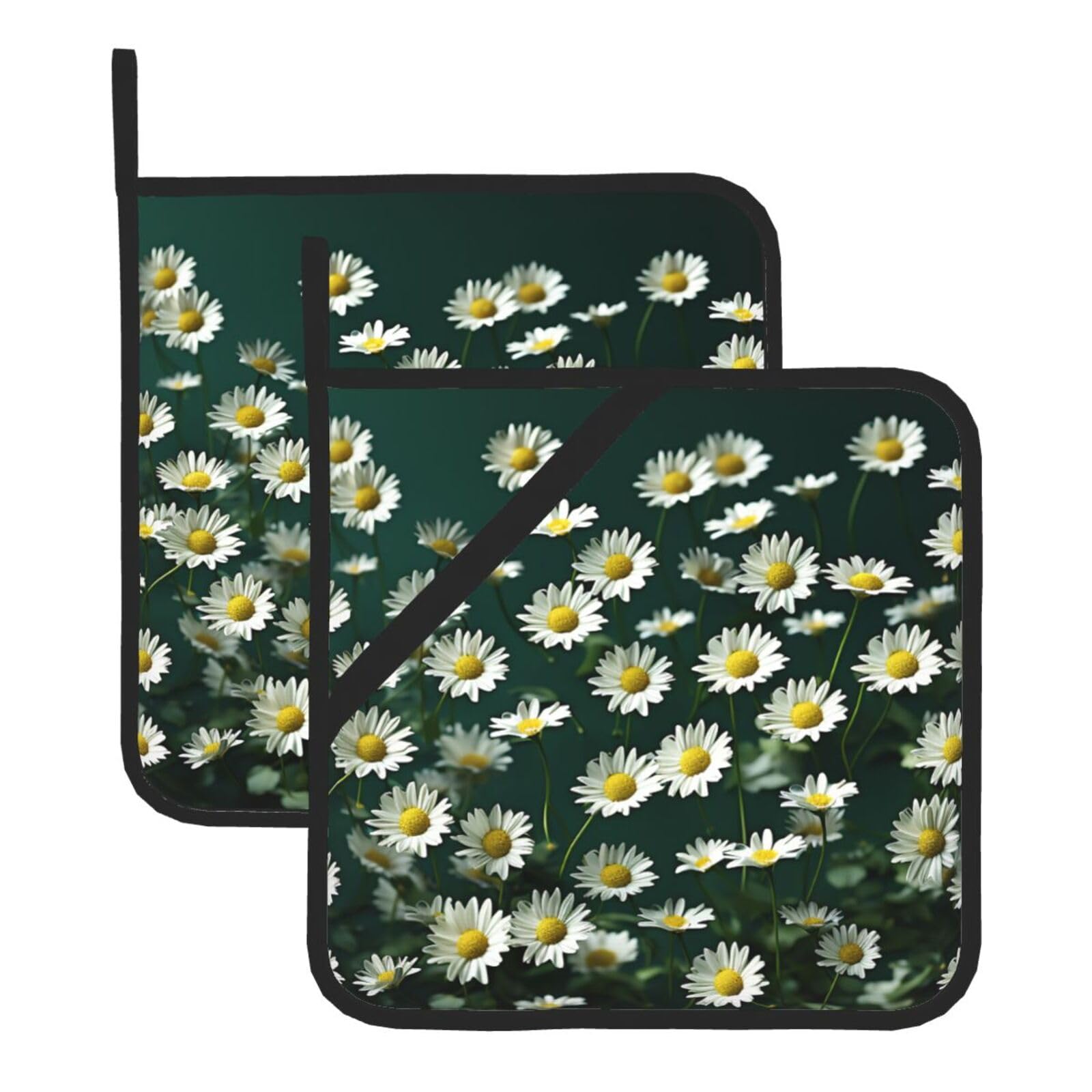 2 Pack Green Daisy Background Pot Holders for Kitchen Heat Resistant Pot Holders with Pocket Oven Potholders Washable Hot Pads for Cooking Baking Oven Pans Trivet 8x8 Inches