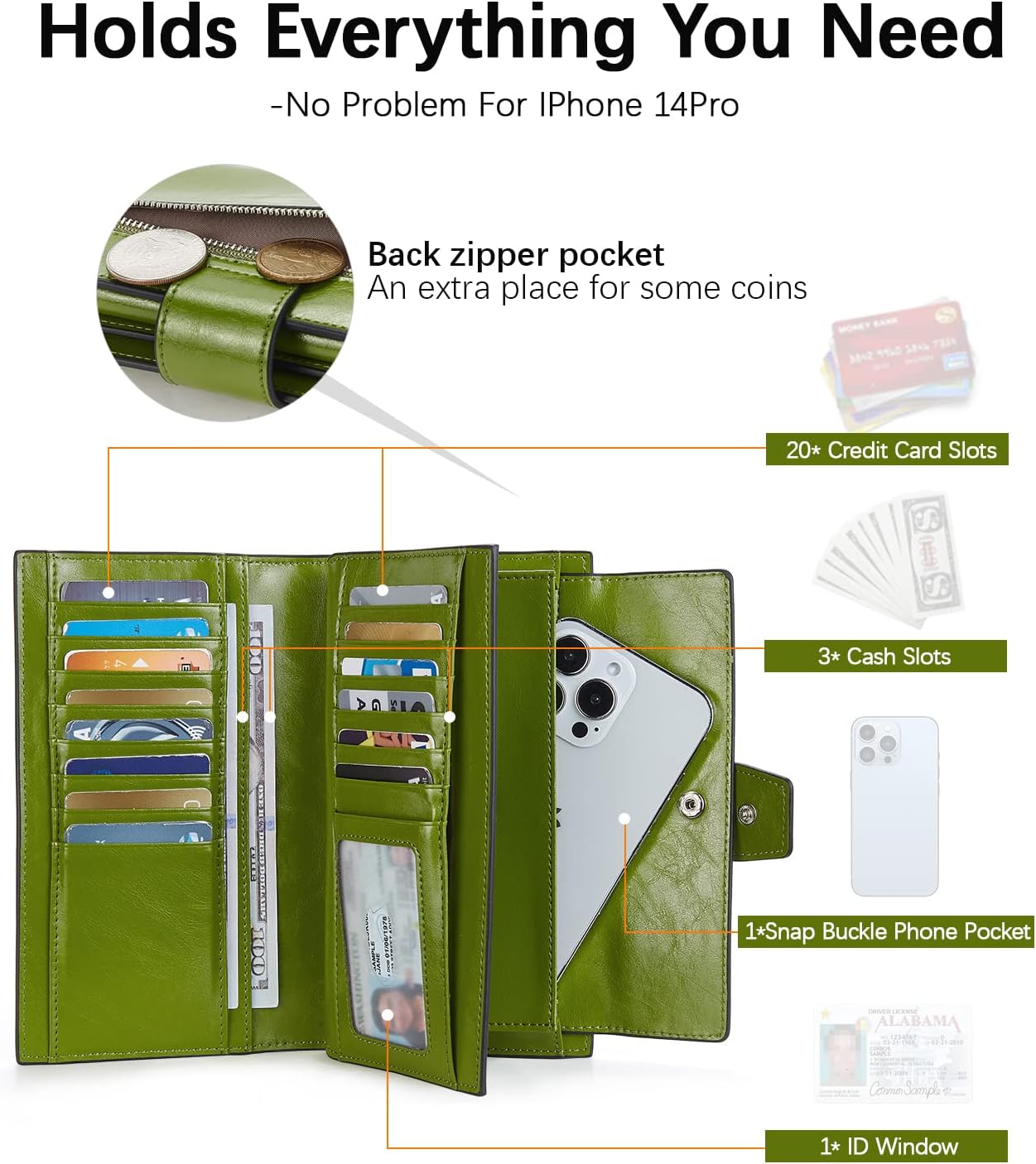 BOSTANTEN Womens Leather Wallets RFID Blocking Large Capacity Trifold Card Holder Ladies Phone Clutch Green - Image 3