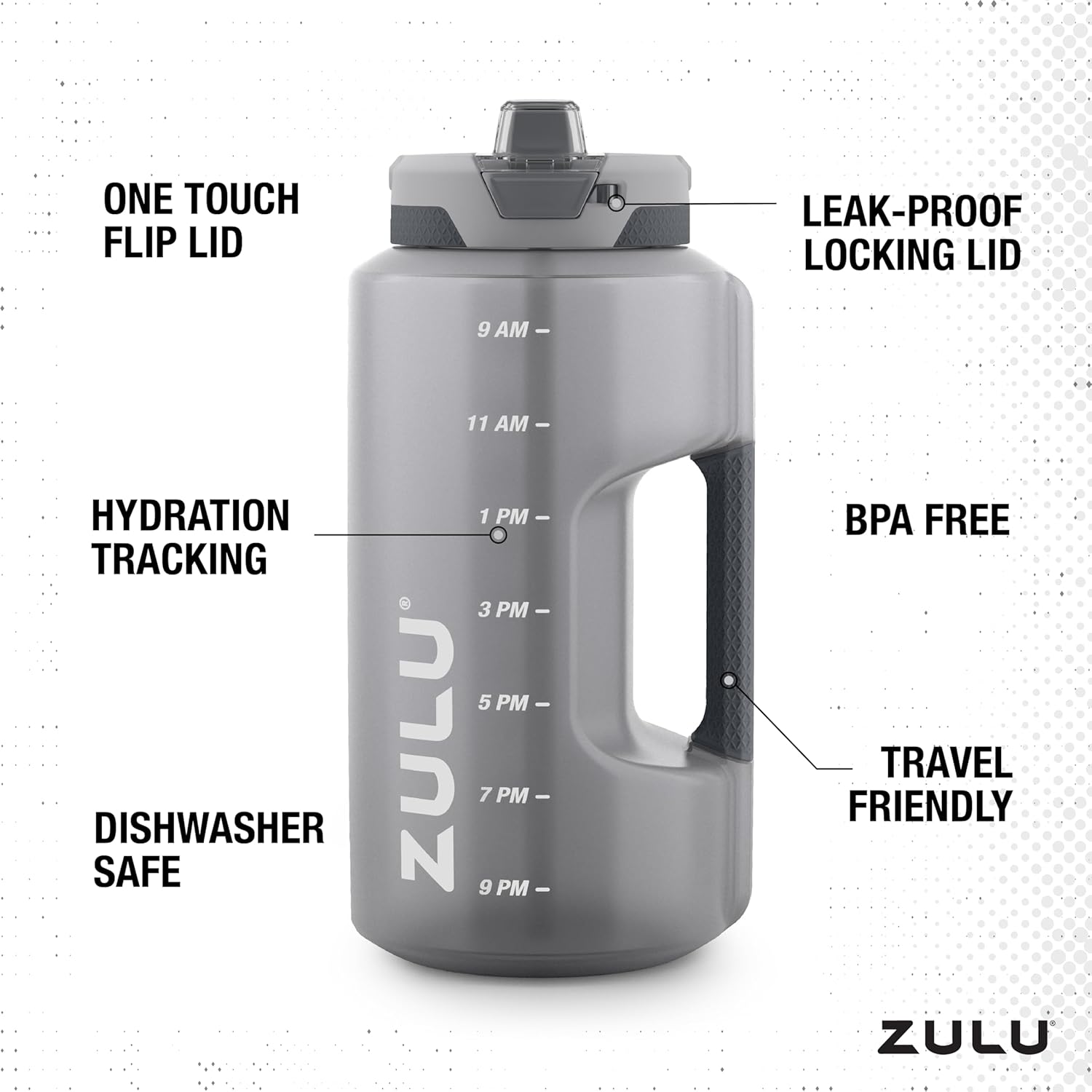 ZULU Goals 128oz Half Gallon Plastic Water Bottle with Straw and Time Marker | Large Reusable Jug with Handle and Leak Proof Lid for All Day Hydration, Gym and Outdoors, Gift Ready, Grey