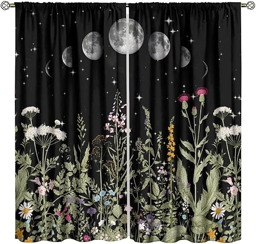Miniatura 68 de Retro 70s Floral Blackout Window Curtains, Watercolor Flower Plant Rustic Modern Style Pattern Window Drapes, for Bedroom Living Room 42x45in 2