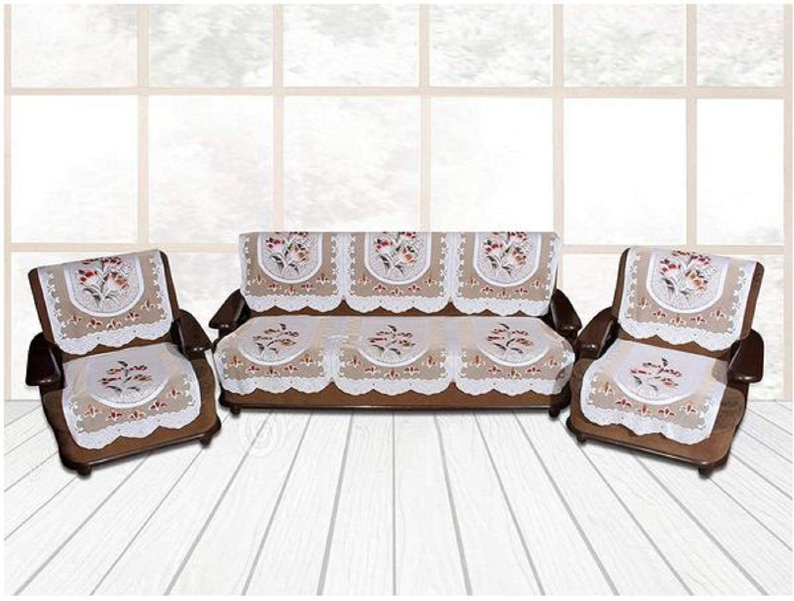 Leaf Exclusive Net Fabric Five Seater Sofa Floral Cover Tulip Off White Rice (Off White) - 6 Pieces Set-image-45