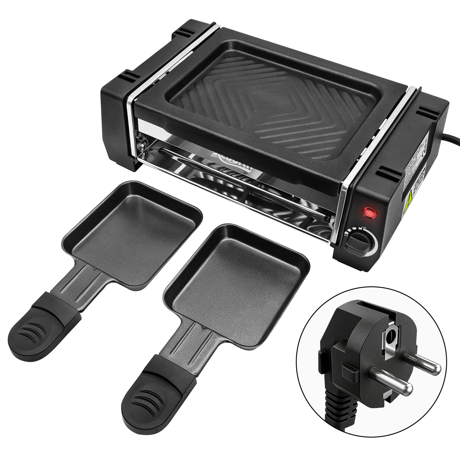 Griglia elettrica per raclette con 2 padelle, antiaderente, con riscaldamento uniforme e regolatore di temperatura, per uso alimentare, facile da pulire, per interni e balconi