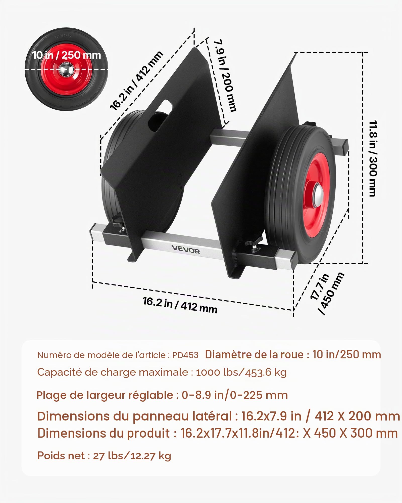 VEVOR Chariot à Panneaux, Charge 453,6 kg, Chariot Porte-plaques de Plâtre, avec Roues en Caoutchouc 25 cm, Pince Réglable, Adapté à Différents Terrains, pour Panneaux en Acier, Matelas, Portes, Noir
