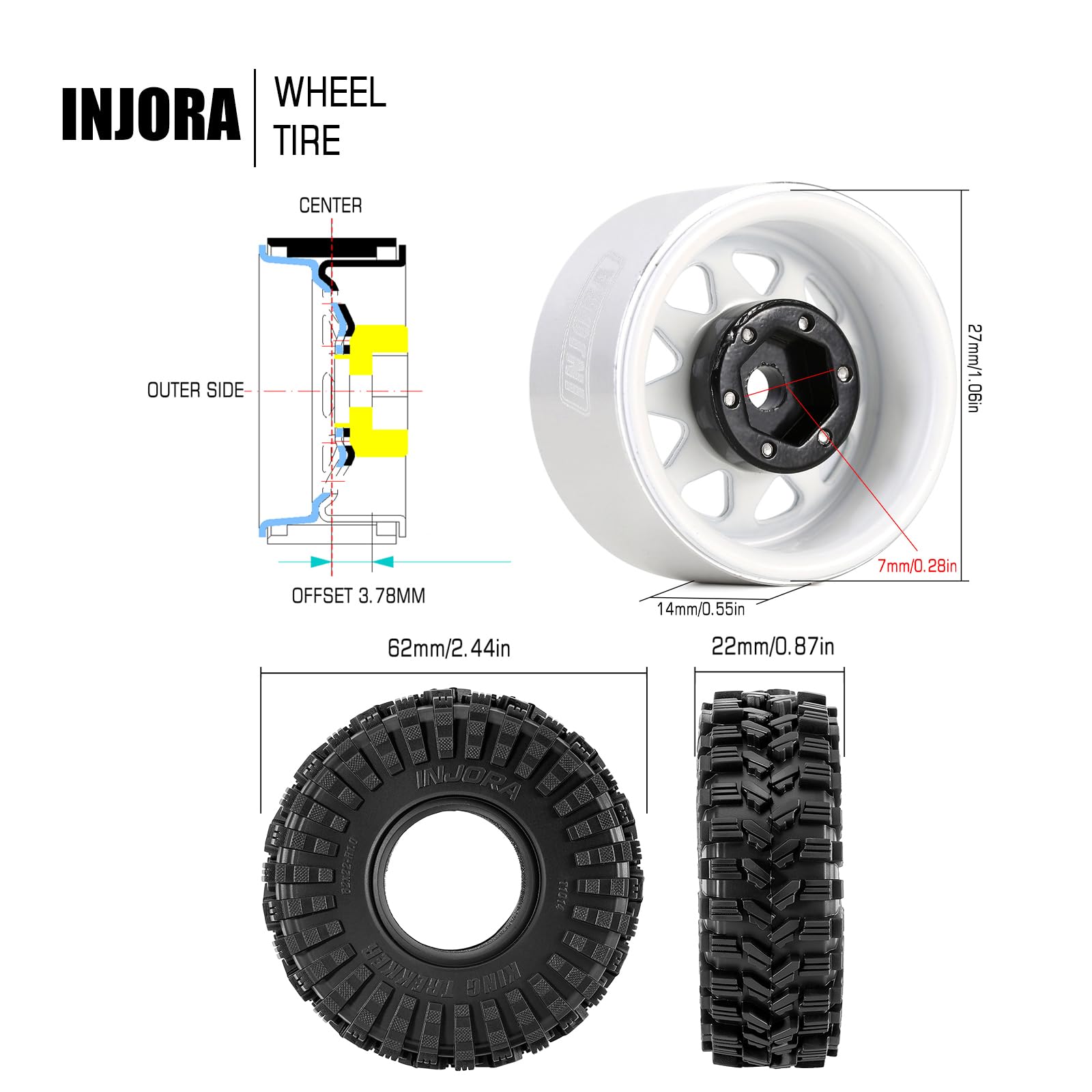 INJORA 1.0 Beadlock Rueda Llanta Neumáticos -3.78mm Offset Llanta de Rueda para 1/18 1/24 RC Track Coche Axial SCX24 FMS FCX24 FCX18 TRX4M,Blanco