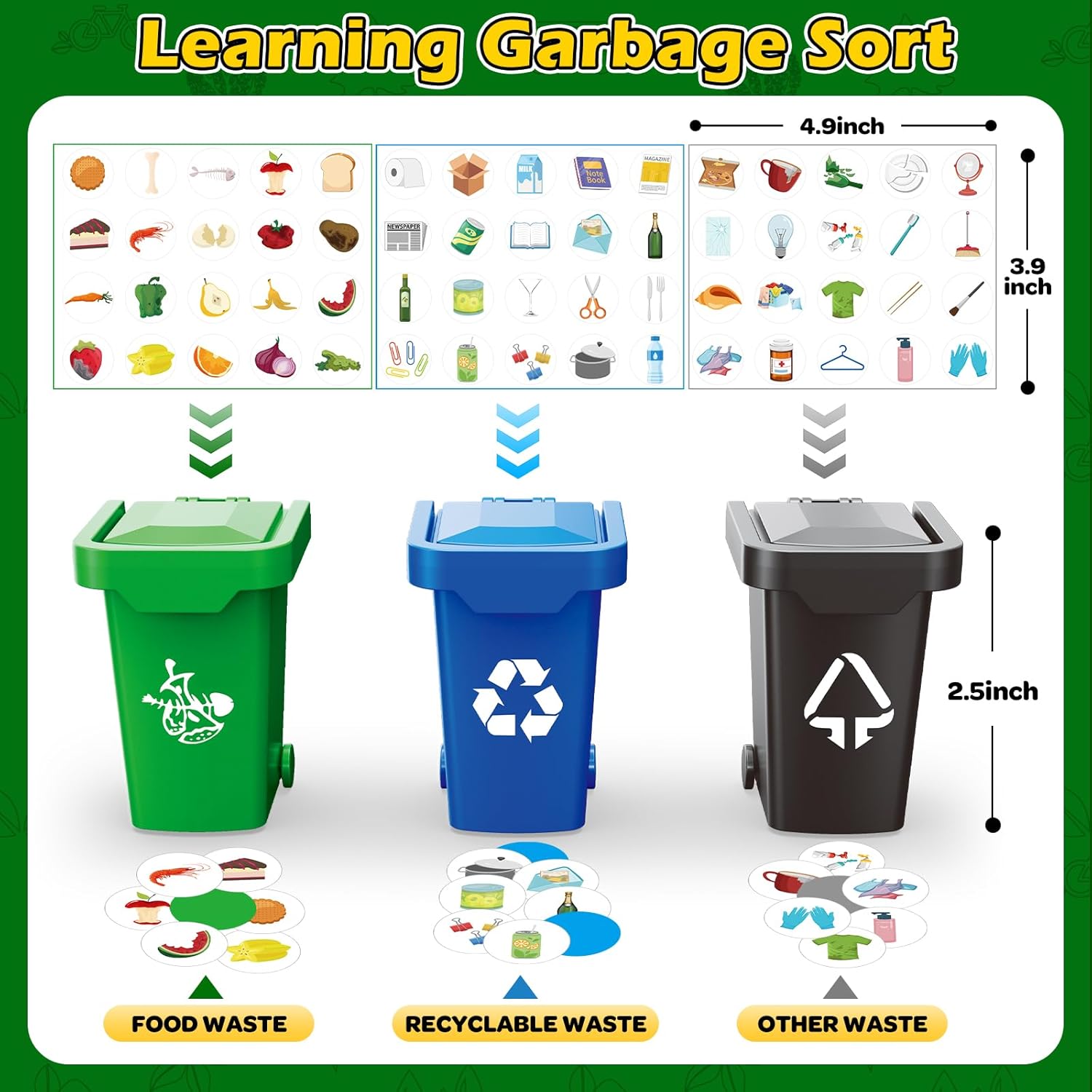 AuroTops Garbage Truck Toys for Kids 3 4 5 6 7 8 Years Old Boys Toy Trucks Set with Sound and Light,Toddlers Birthday Gifts for Boys & Girls Learning Toys,Includes 3 Trash Bins