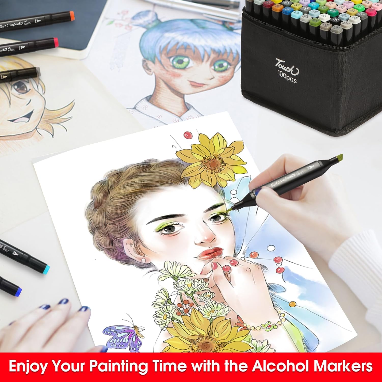 100 Colors Dual Tips Alcohol Markers, Permanent Sketch Art Markers Pens Set with Pen Holder for Kids Adults Coloring,Painting, Sketching, Illustrations - Image 3