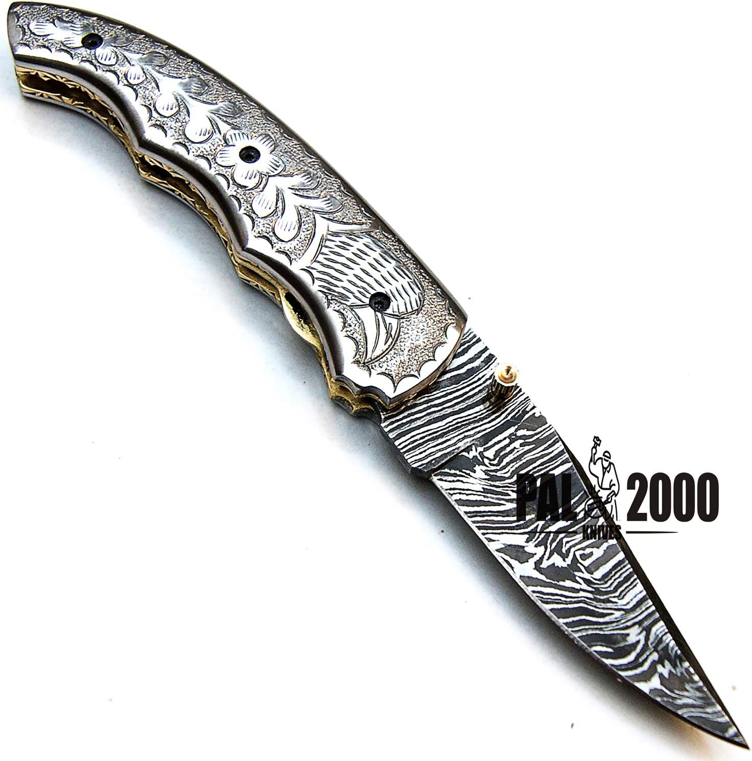 PAL 2000 KNIVES POC-9428 Custom Handmade Damascus Steel Blade Folding Pocket Hunting Knife with Sheath