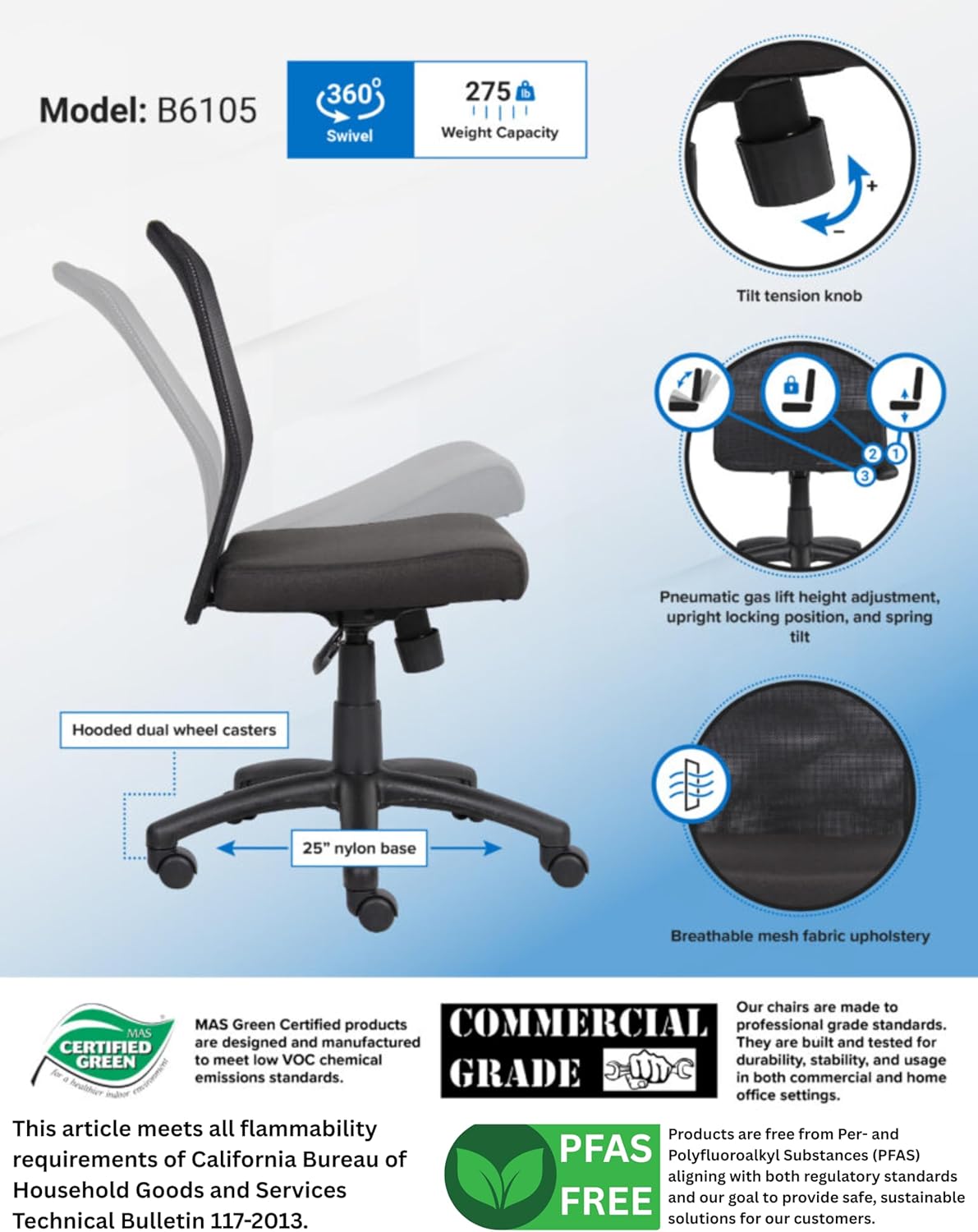 Boss Office Products B6105 Budget Mesh Task Chair Without Arms in Black, High-Back