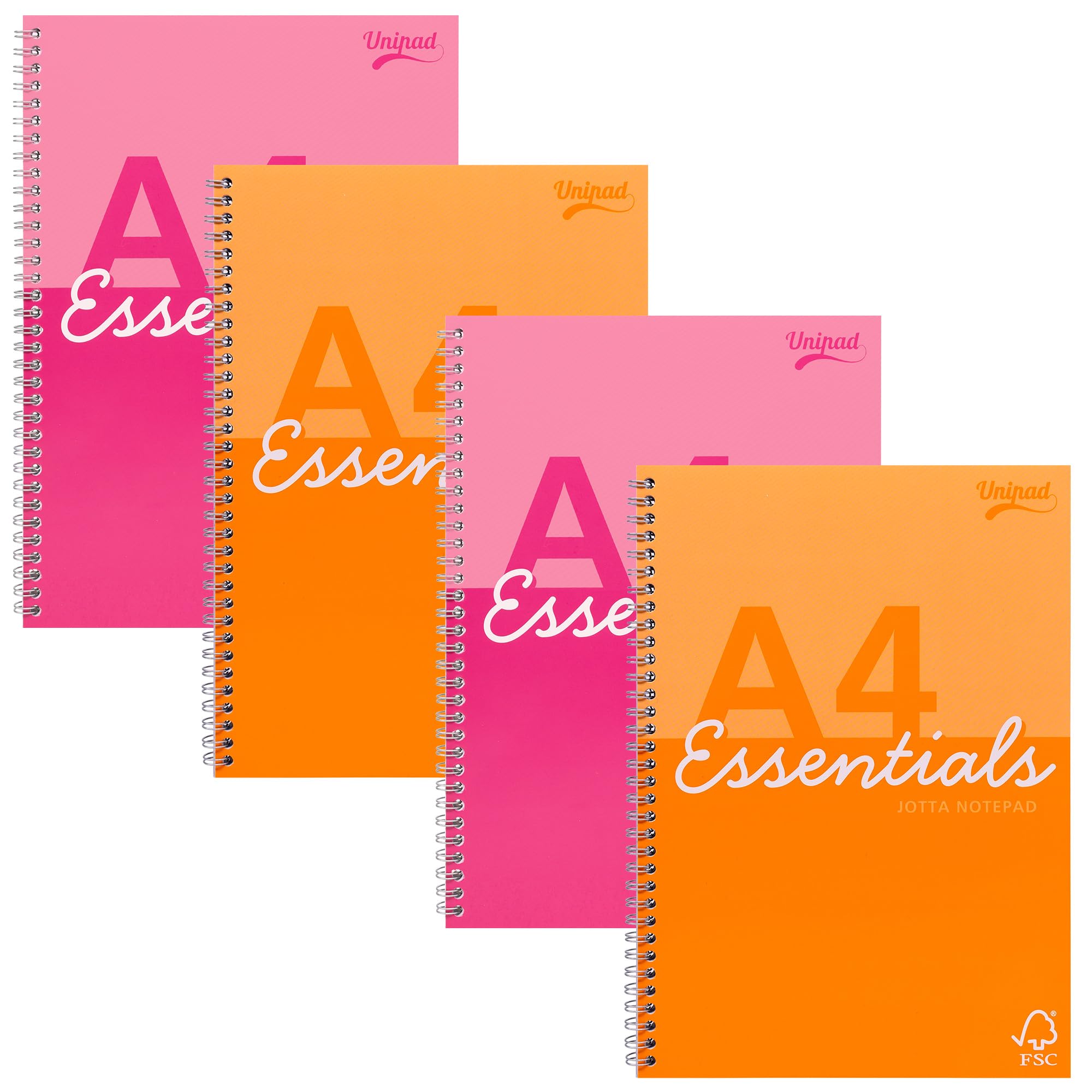 Pukka Pad Essentials A4 Jotta Notebook, Pack of 4 Assorted Pink & Orange Notepads with 160 Pages
