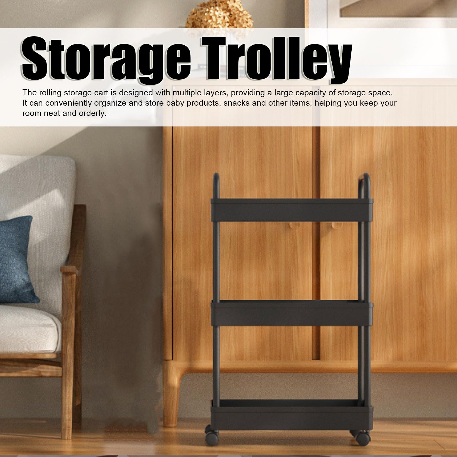 Carrello portaoggetti a 3 livelli con ruote, grande capacità, nero, per camera da letto, bagno, cucina, portatile e facile da spostare