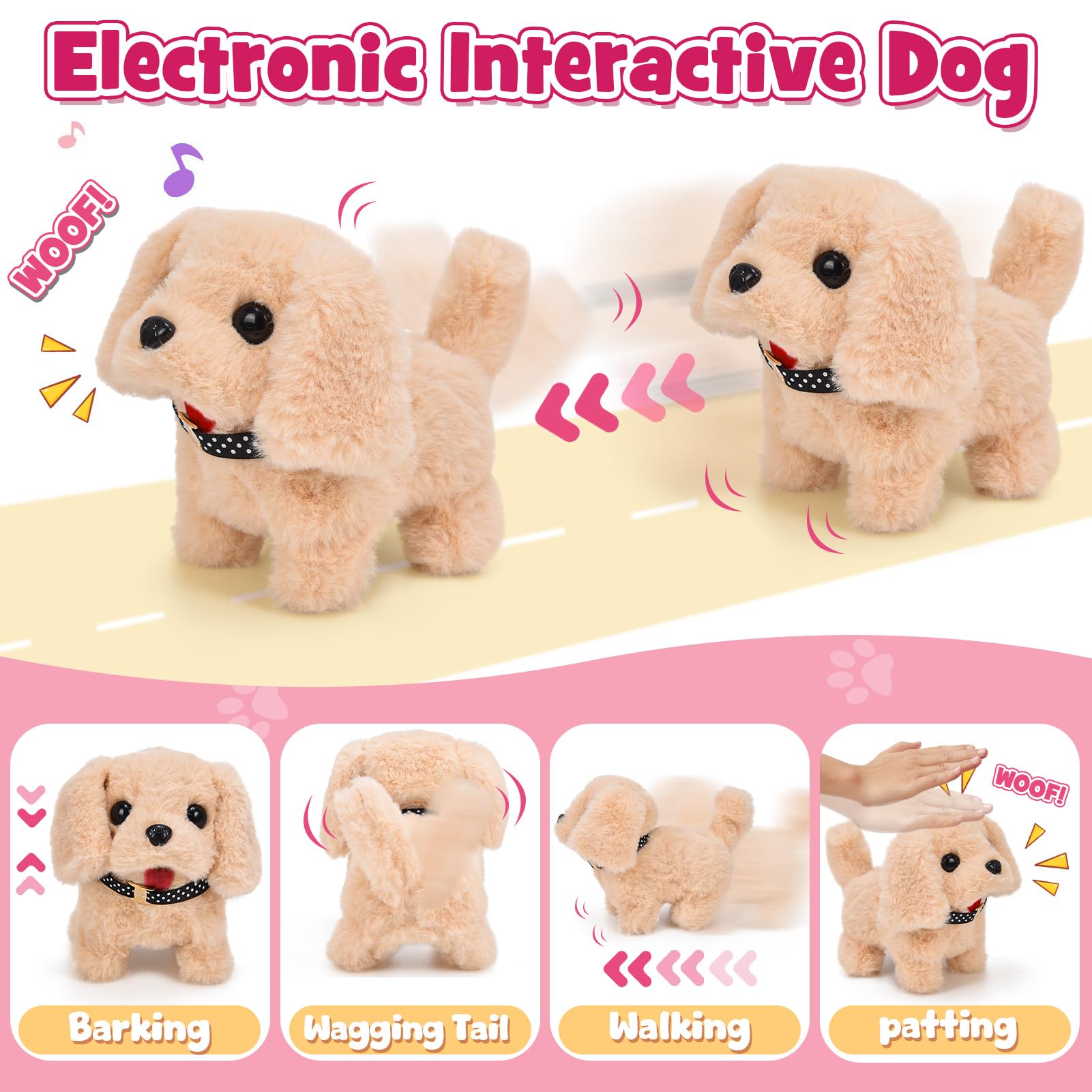 Chien Jouet Enfant Chien Interactif Electronique Qui Marche et Aboie avec Poussette Jouet, Peluche Chien Interactif Réaliste Jeu De Rôle Nourrir Baigner Anniversaire Noël Cadeau pour Fille Enfant