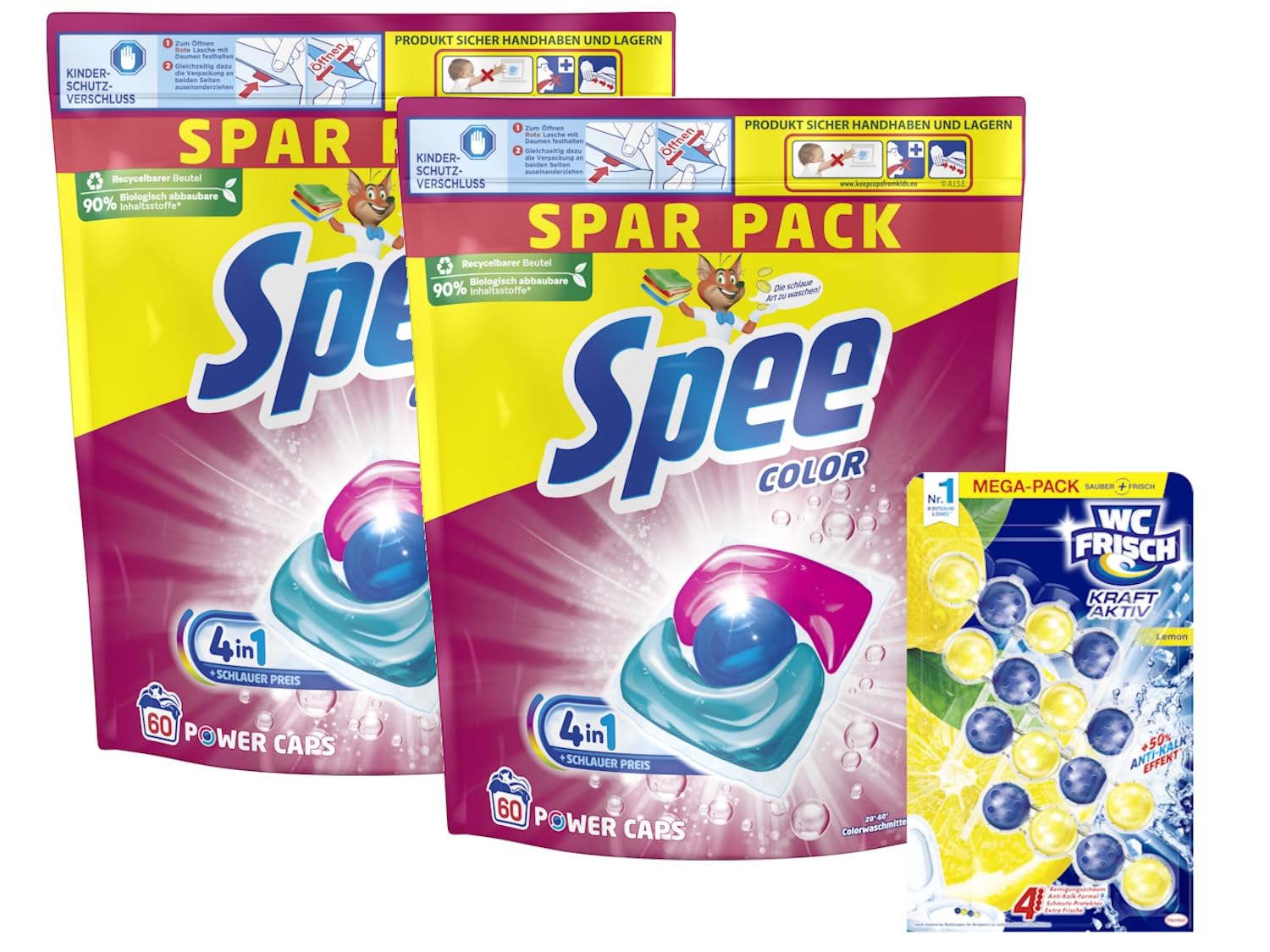 Spee Power Caps Color (1x 120 WL), Colorwaschmittel für Buntwäsche & Dunkles, vordosiertes Waschmittel & WC FRISCH Kraft Aktiv Duftspüler Lemon, 1x 200 g