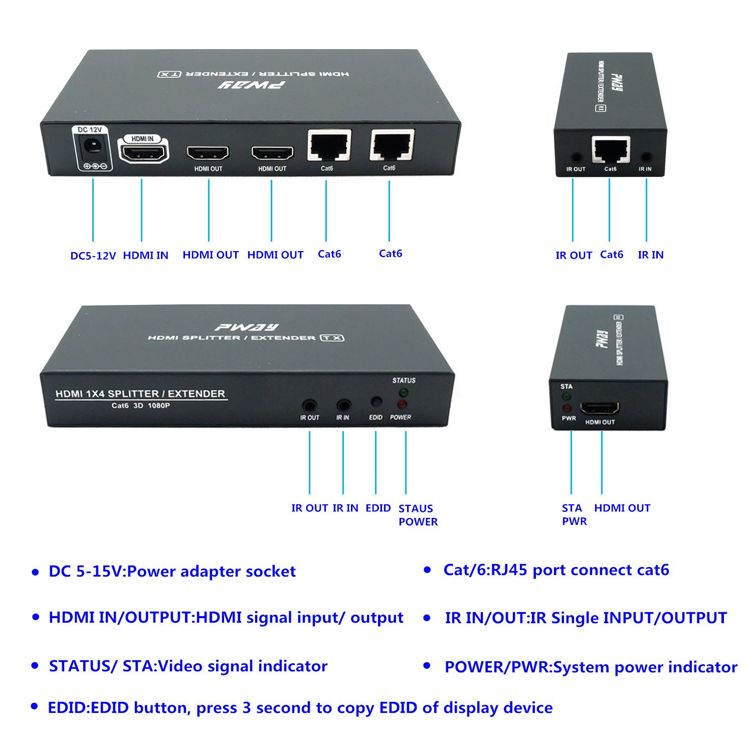 PWAY PW-HTS0102IR(POC) 1X2 Splitter HDMI Extender Over Cat6 Ethernet Cavo con Senza Ritardo Telecomando a 60m/196ft 1080P IR Controllo(20-60Hz) （1 in 2 out）