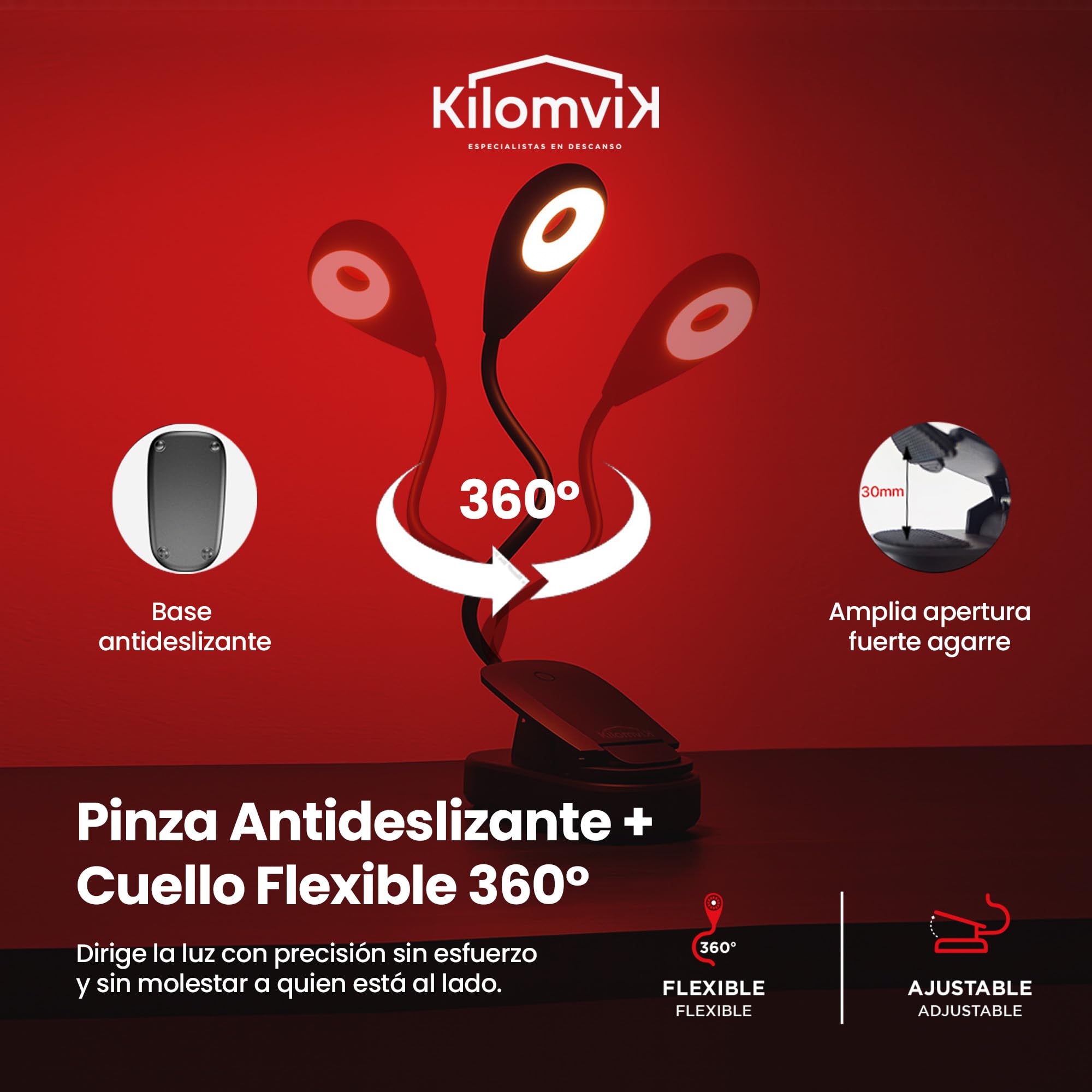 Lampara Luz Roja Nocturna Melatonina - 0% Luz Azul, Sin Flicker - Ideal para Dormir Bebe y Adultos - Lampara Lectura Noche con Pinza y Cuello Flexible 360° – Recargable USB, 3 Intensidades
