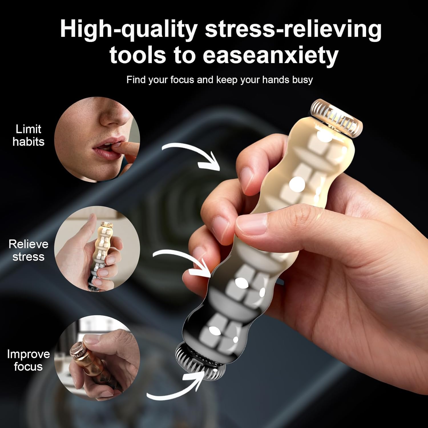 Fidget Spinner Adult Desk Toy, Metal Fidget Toys for Anxiety Relief, ADHD Stress Relief Hand Spinner, Cool Mini Figure Ornament for Focus & Relaxation (Black Gold)
