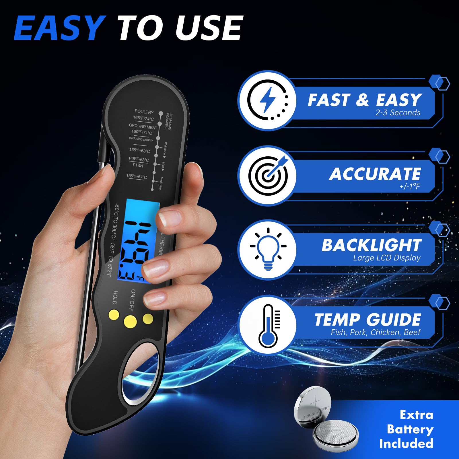 trausi instant read meat thermometer fast  accurate digital food thermometer with backlight waterproof  magnet for grilling cooking bbq smoker baking and candy making black