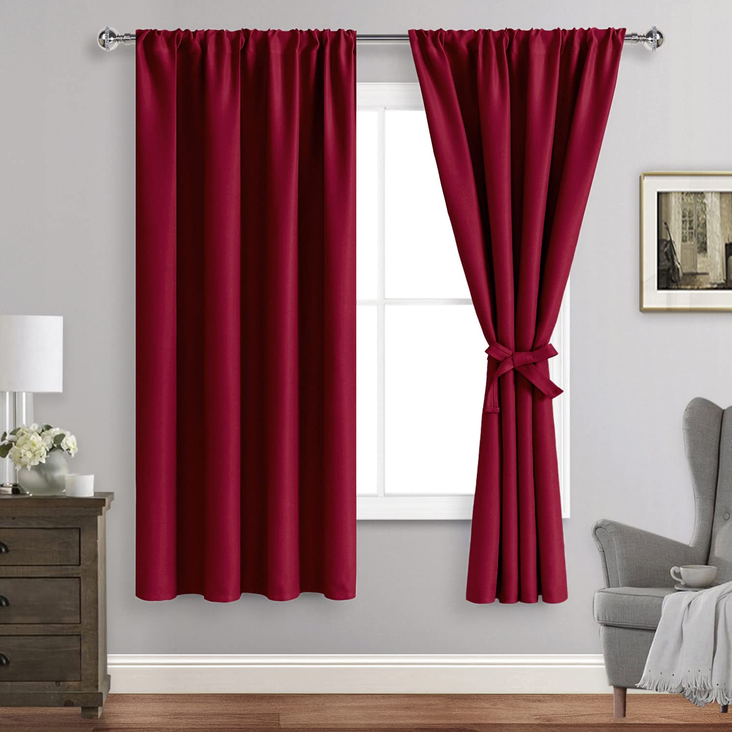 JIUZHEN Christmas Blackout Curtains for Bedroom - Thermal Insulated Room Darkening Rod Pocket Curtains for Living Room, Set of 2 Panels with Tiebacks, 38 x 63 Inch Length, Red — image 1