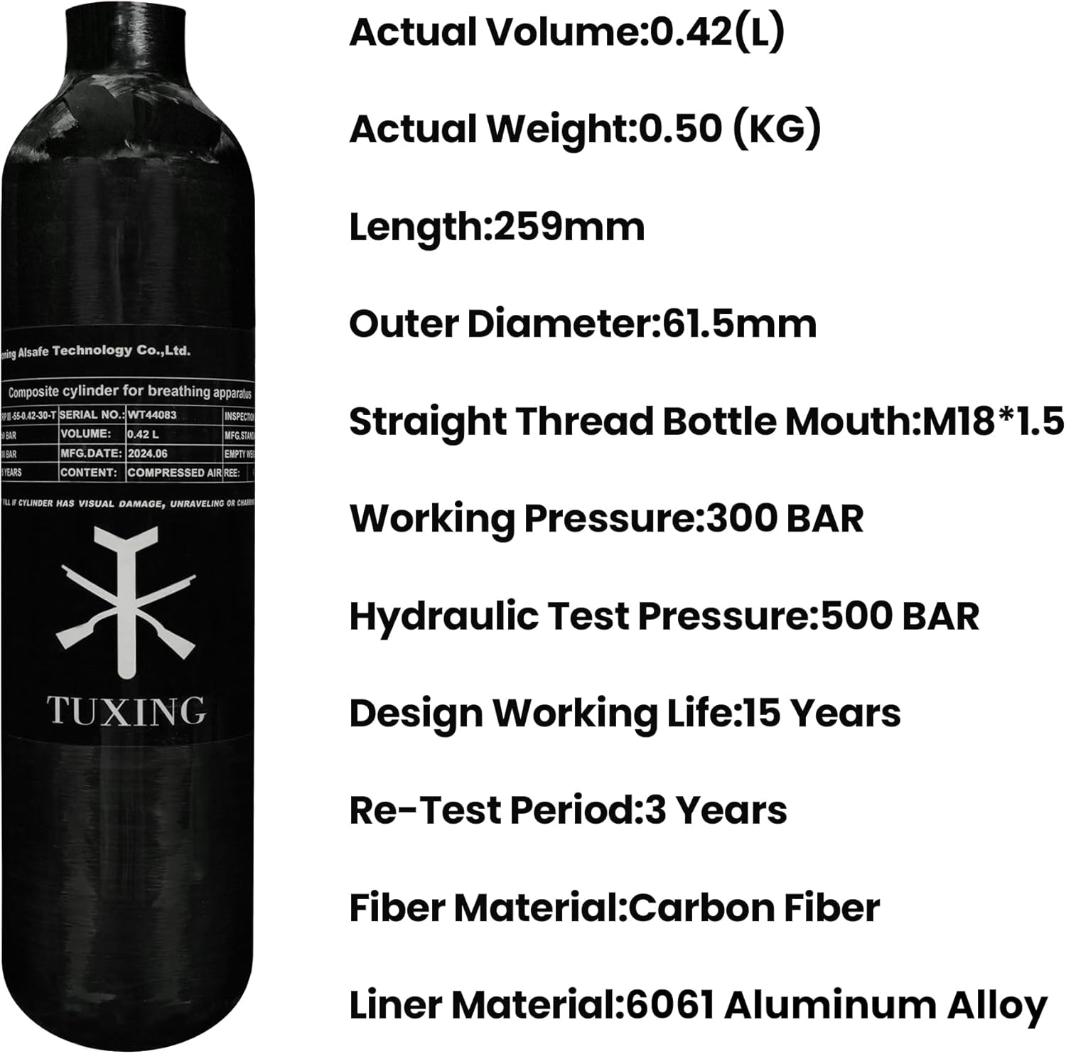 TUXING 4500Psi Carbon Fiber Air Tank 0.42L 25Cu in 420cc Pcp HPA Bottle,Gas Cylinder,Paintball Hunting for PCP Air Rifle Gun Daystate and FX Thread M18 * 1.5
