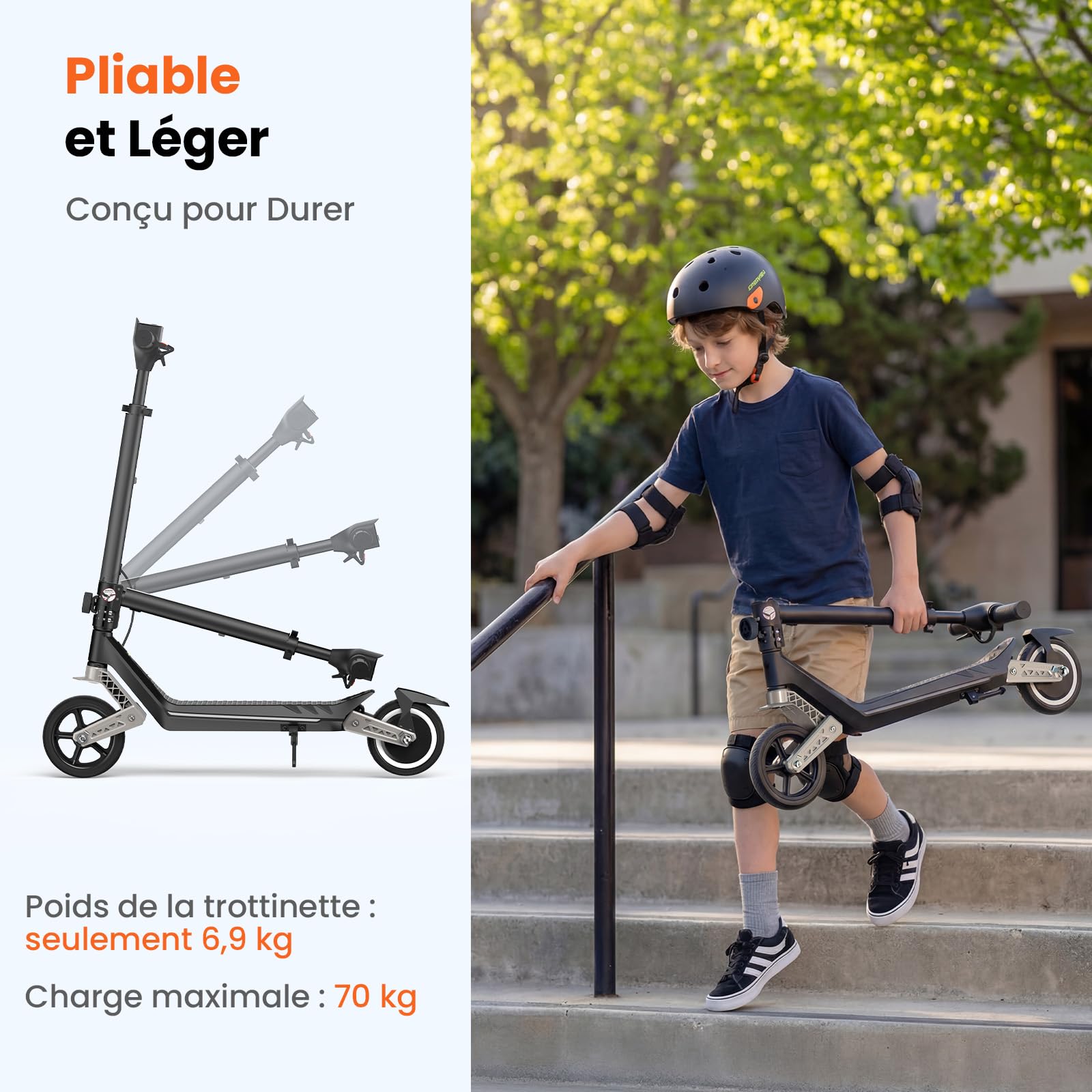 Trottinette Électrique Enfant K6,6-12 Ans,Pneus Pleins 6.5",3 Vitesses 5/10/16 km/h,Double Suspension Avant/Arrière,3 Modes LED,Bluetooth, Autonomie 9 km,Pliable Réglable,Charge Max 70 kg