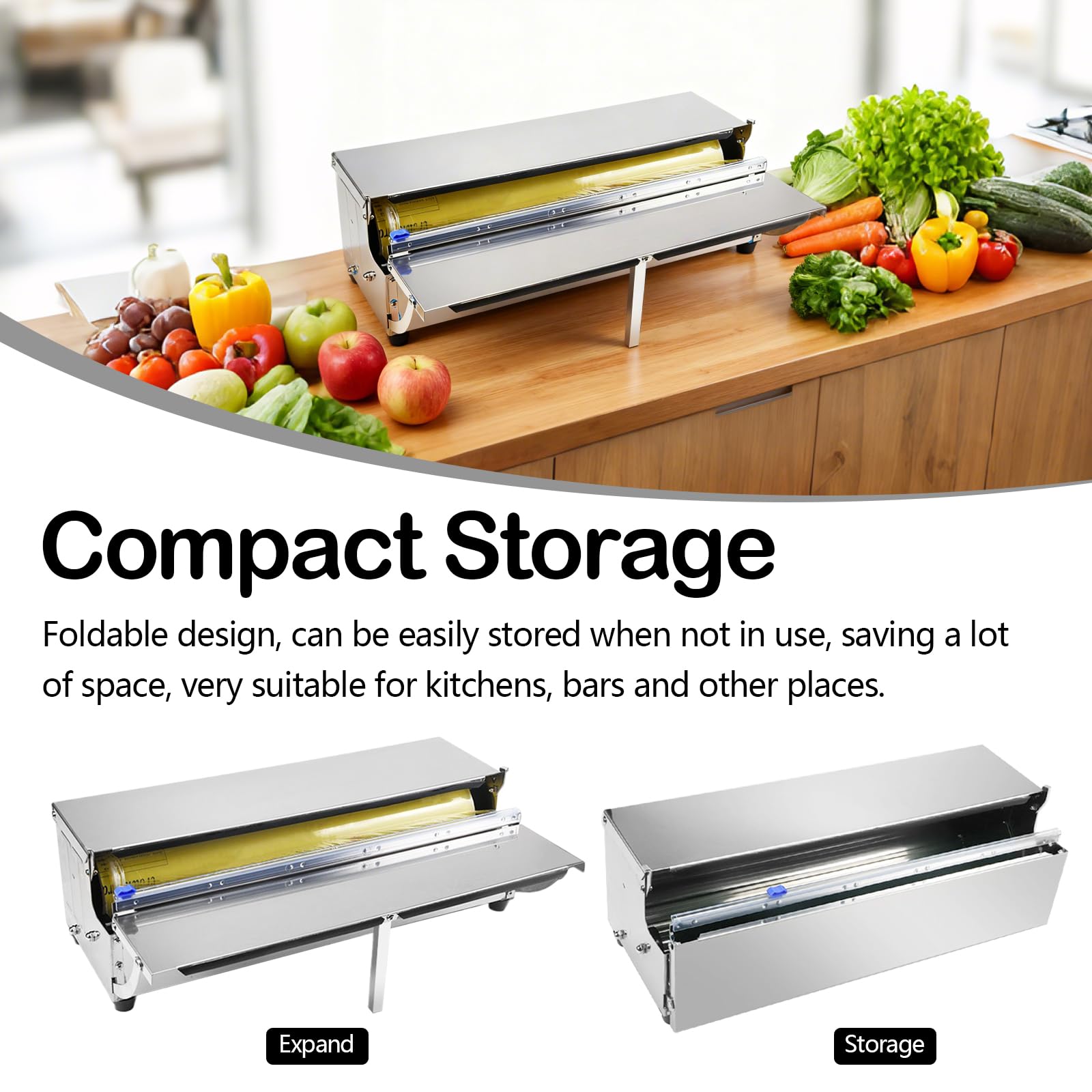Distributeur De Film, 450 Mm Acier Inoxydable Distributeur De Film Alimentaire Distributeur De Film Pliable avec 2 Lames De Rechange pour Aliments Frais dans Les SupermarchéS Machine d'emballage