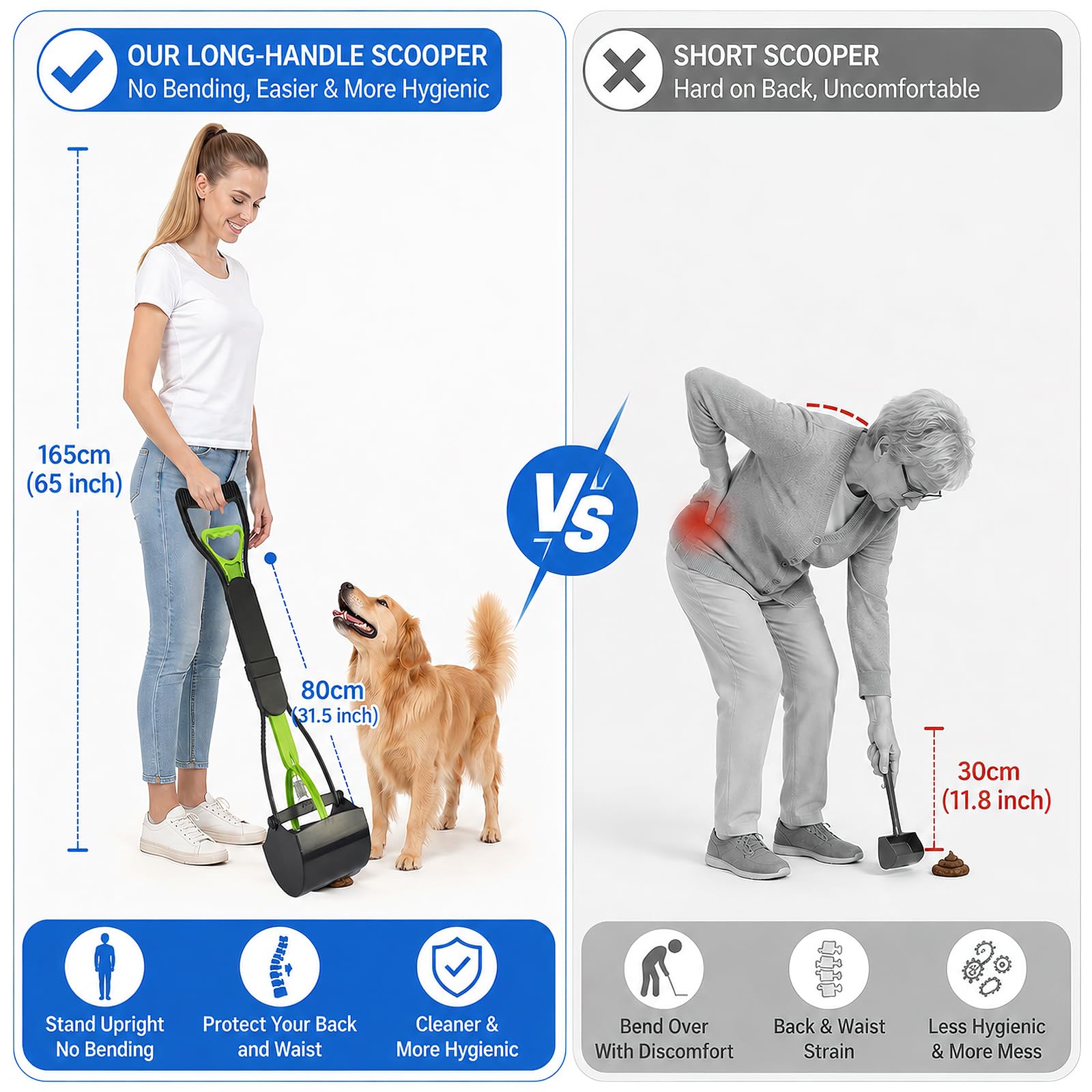 Hundekotsammler Hundekotschaufel 80 cm faltbar | Praktisch & hygienisch, Kotaufnahme ohne Bücken, inkl. Kotbeutelspender & Kotbeutelrolle, für große Hunde & Katzen