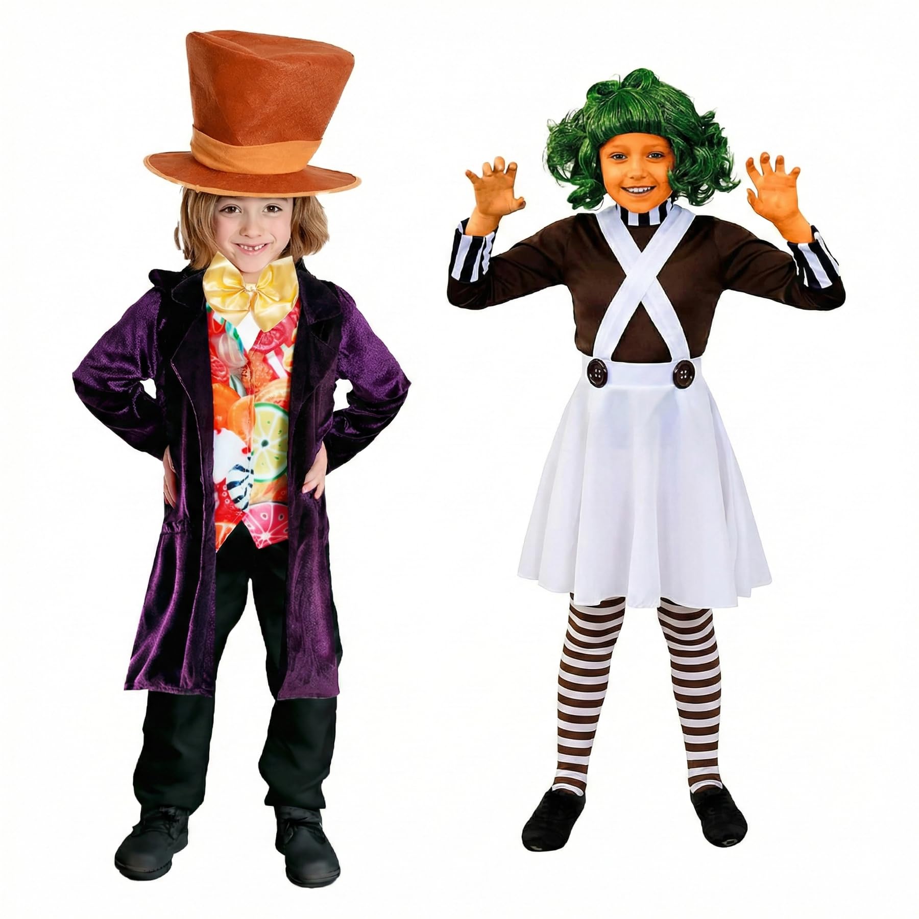 Dziecięcy kostium Chocolate Factory Duo - Fabryczny płaszcz szefa, muszka i czapka, sukienka pracownika fabryki, zielona peruka, rękawiczki, rajstopy, farba do twarzy - chłopcy dziewczęta szkoła
