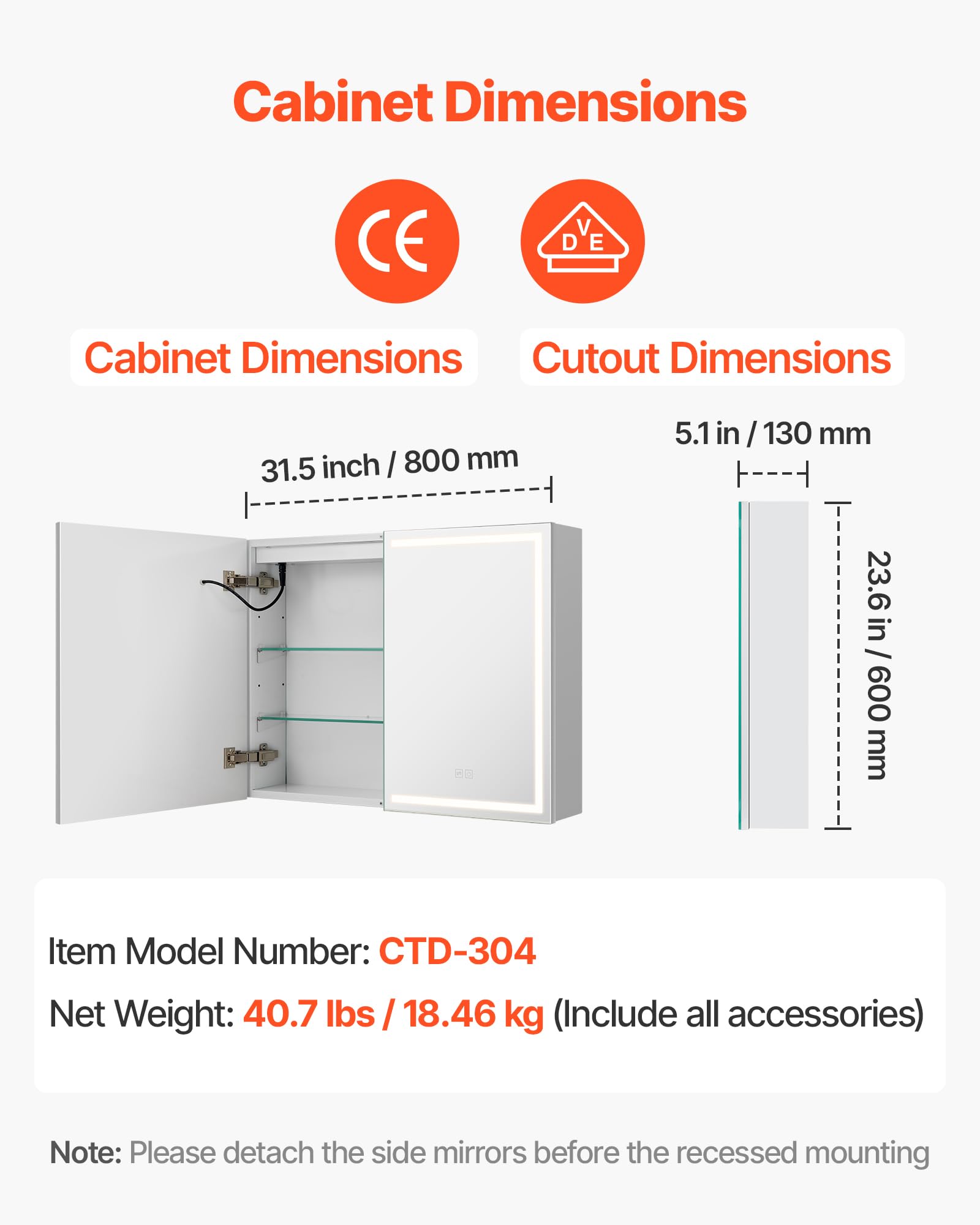 Image secondaire de Armoire Murale de Salle de Bain VEVOR avec Miroir LED et Étagère Réglable