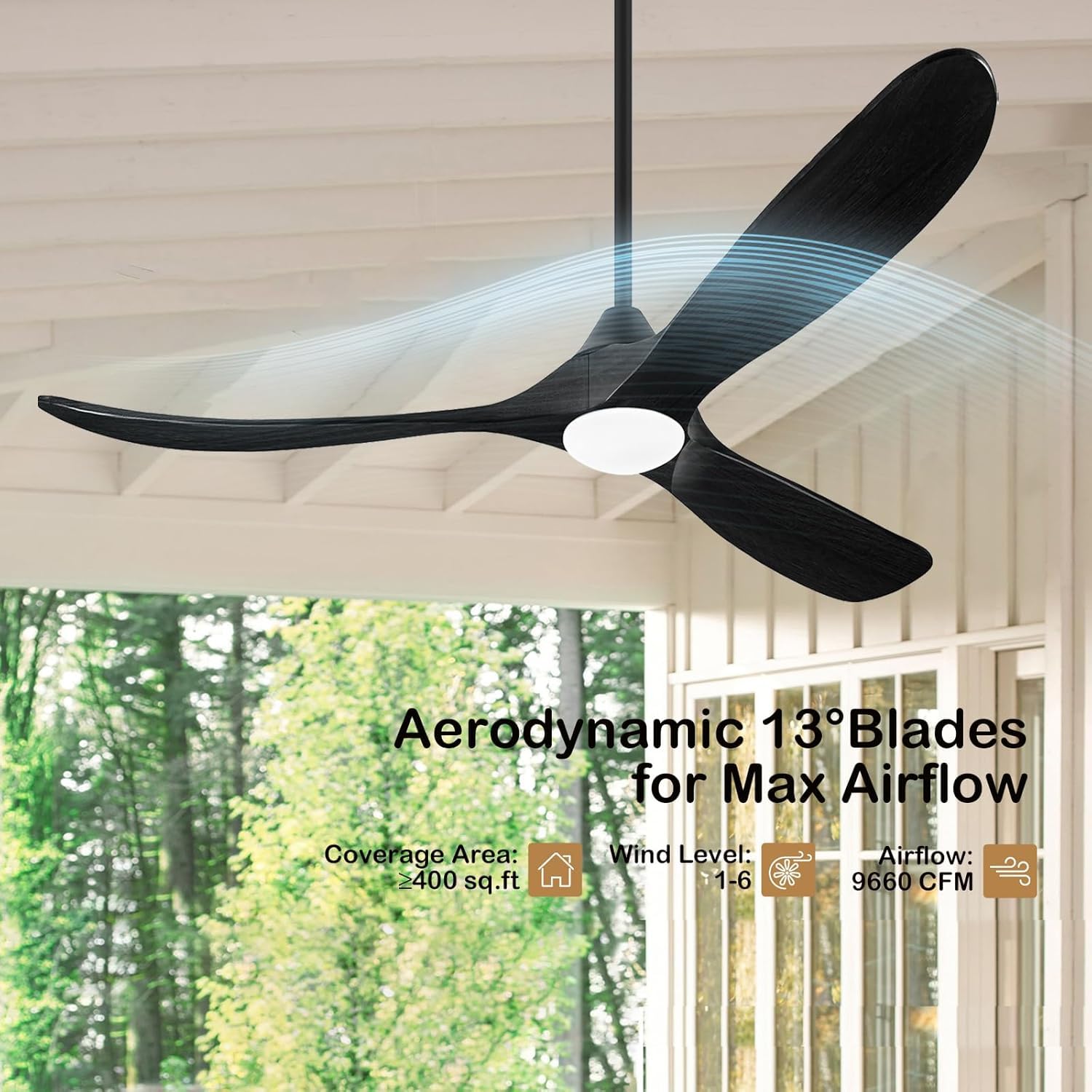 Ventilatori Da Soffitto Per Esterni In Legno Nero Da 178 Cm Con Luce, Moderno Ventilatore Da Soffitto A 3 Pale Con Telecomando, Motore Cc Silenzioso Reversibile