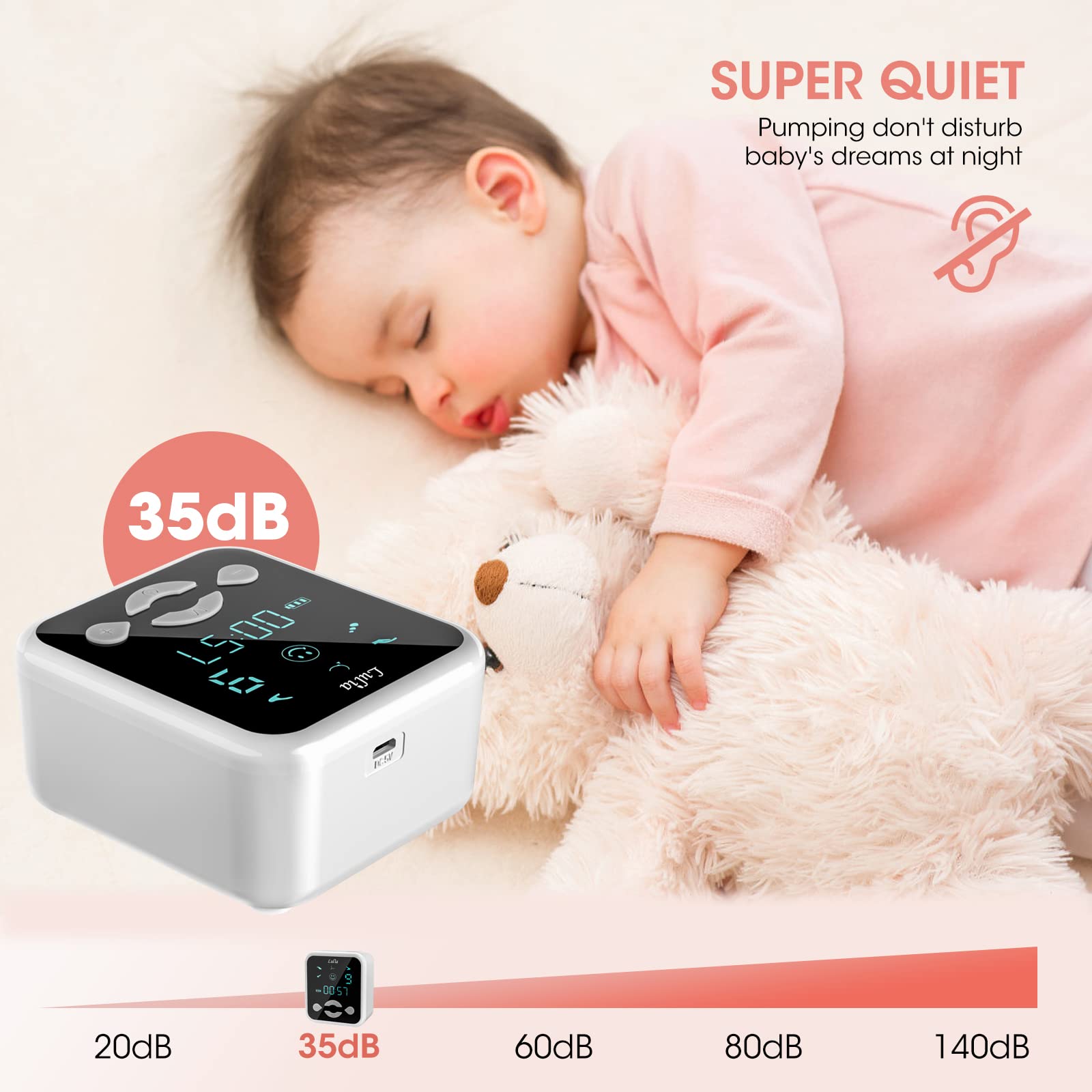 Lulia Tiralatte Elettrico Doppio, Ricaricabile Tiralatte con 4 modalità e 9 livelli Ultraleise BPA-frei,Tiralatte Elettricom per viaggi e casa Protezione contro il riflusso