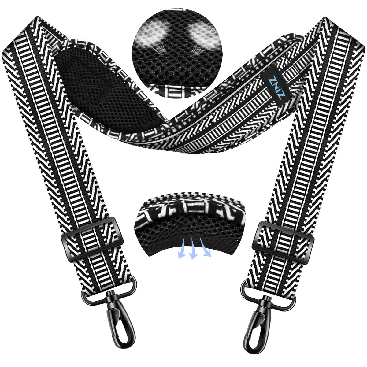 ZINMARK Shoulder Strap 59 inch, Extra-Thick Fixed Cushion Pad and Dual Clasps Universal Replacement Strap for Bags, Camera, Crossbody，Lawn mower -Black White Jacquard