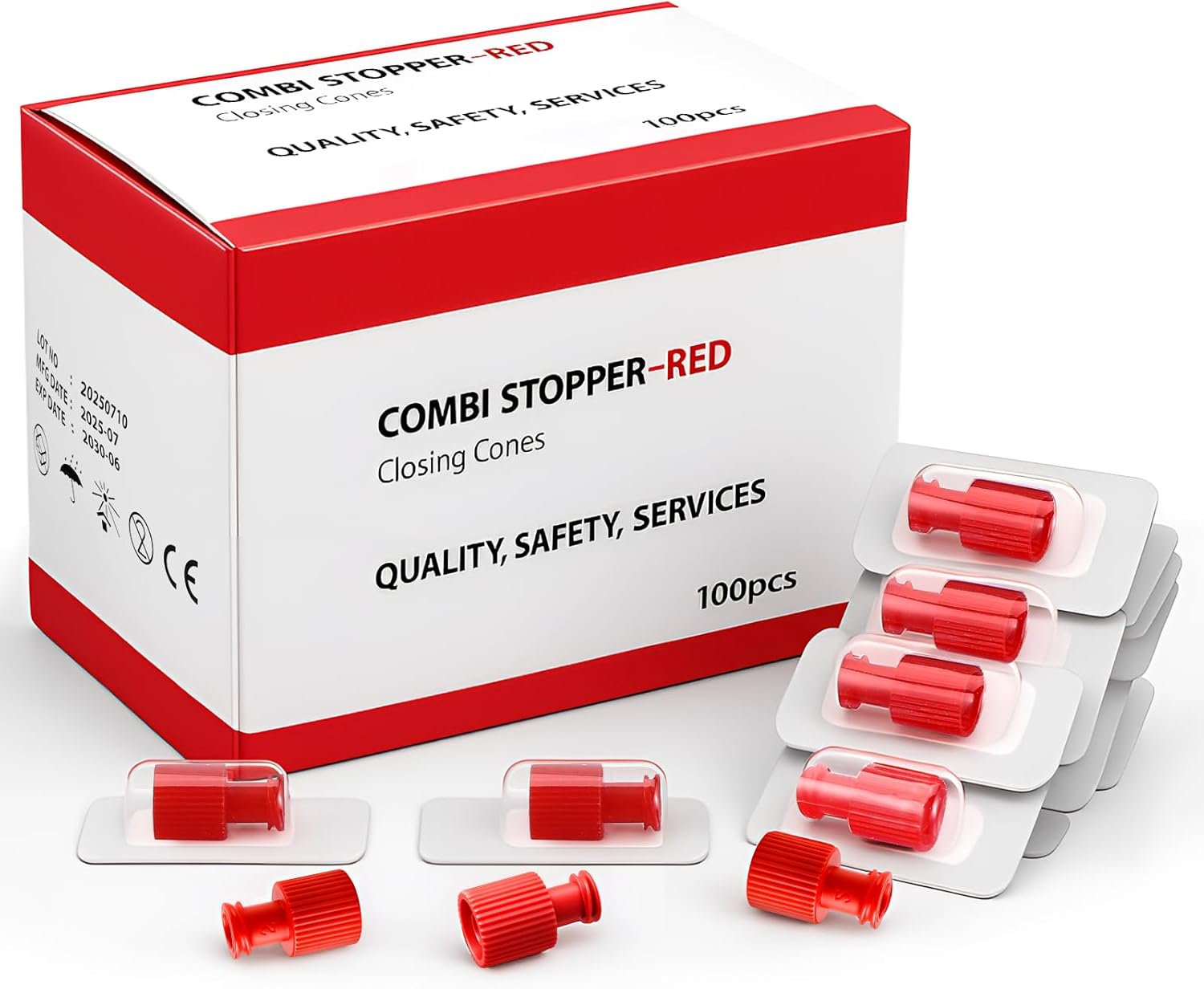 100 Pack Luer Stopper Red Closing Cones Dual Male-female Individually Packaged Sterile Luer Replacement Cap for Male/female Connectors Syringes Tips Iv Admin Sets