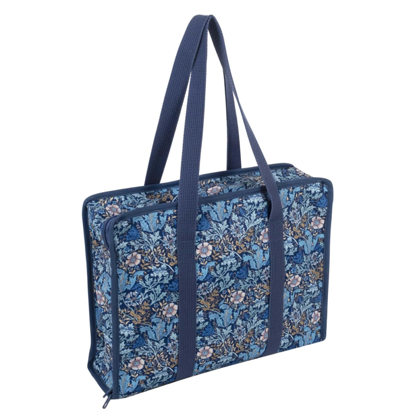 Hobby Gift Soft Craft Bag – Cotton Fabric with Classic Woodblock Floral Print Large Storage for Yarn, Projects & Accessories Transparent Pockets & Elastic Tool Loops 26.5 x 10 x 34.5cm