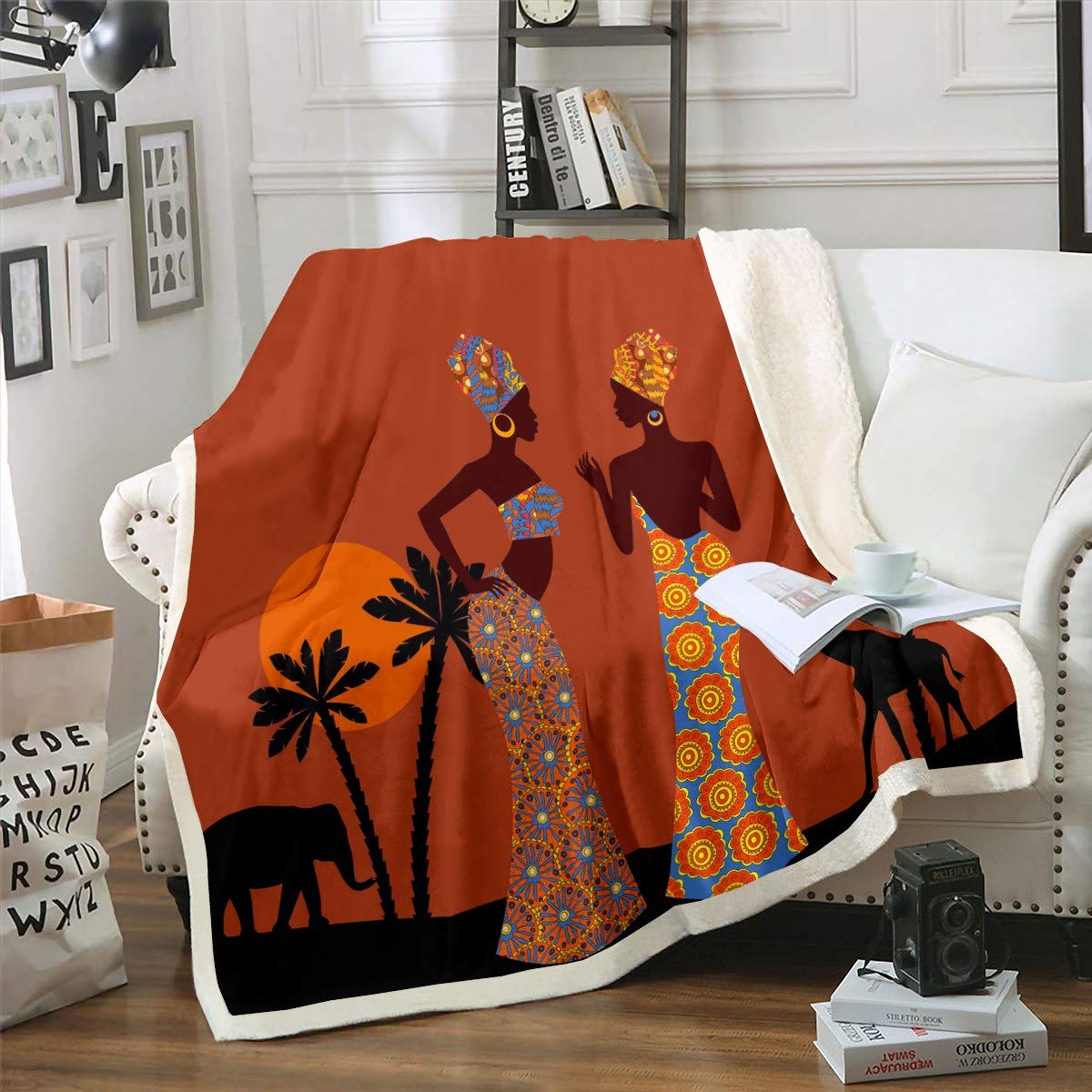 Coperta in pile sherpa a tema donna africana con motivo giraffa - Coperta in pile soffice per divano e divano - Coperta soffice etnica afro a freccia - Decorazione tradizionale esotica colorata