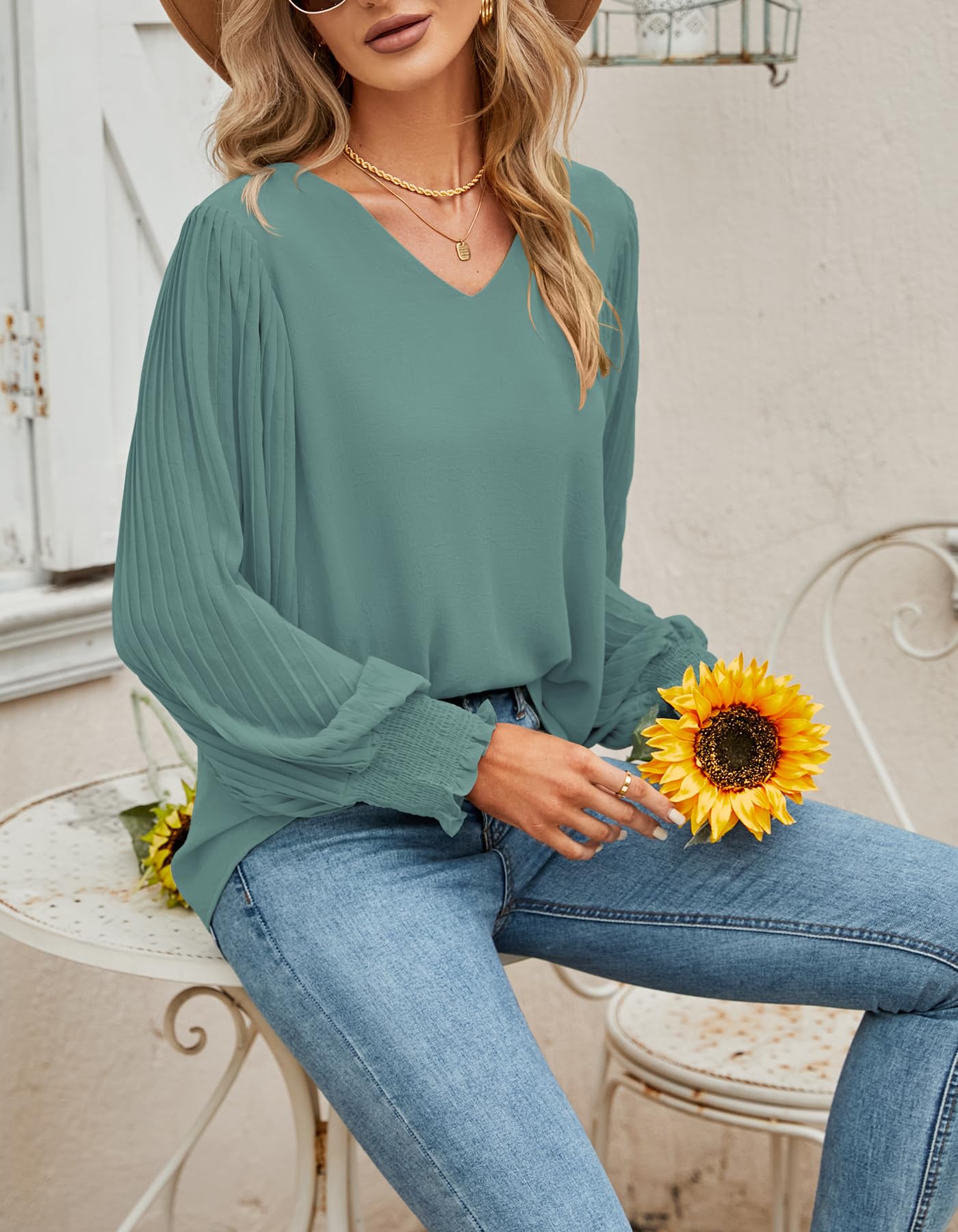 Odosalii Womens Tops Pleated Lantern Sleeve V-Neck Shirts Elegant Solid Color Loose Fit Casual Chiffon Blouse