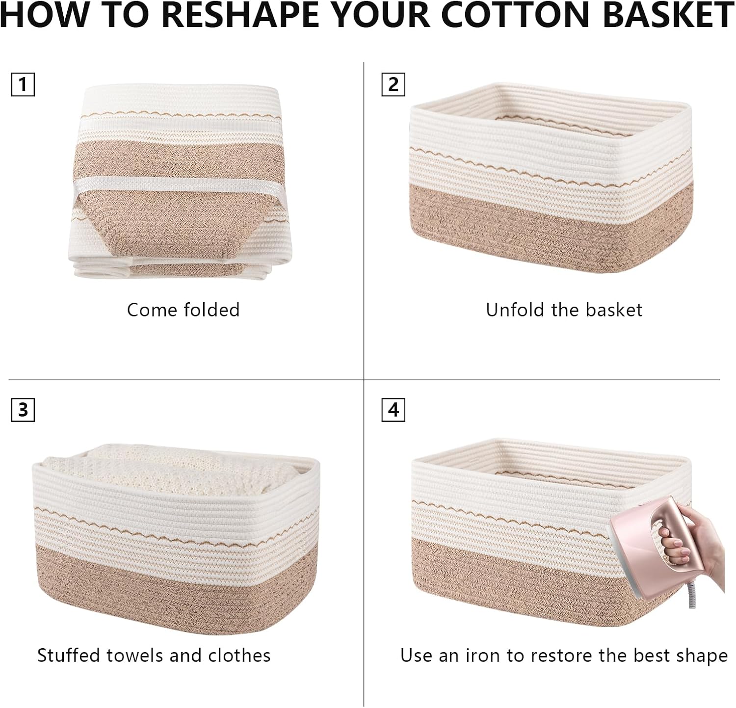 OIASKET 4 Pack Storage Baskets for Organizing, 15.75''x11.8''x7.87'', Decorative Cotton Rope Baskets for Shelves, Small Woven Basket for Toys, Books and Towels, Brown&White