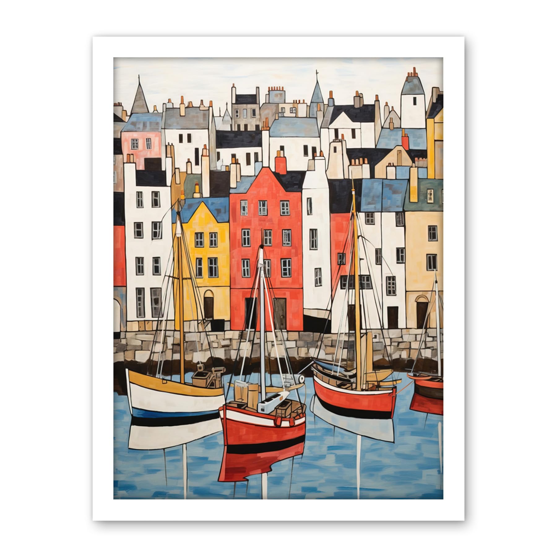 Artery8 Colourful Town Harbour Acrylic Painting Red Yellow Blue Fishing Boats Coastal Townscape Artwork Framed Wall Art Print 18X24 Inch