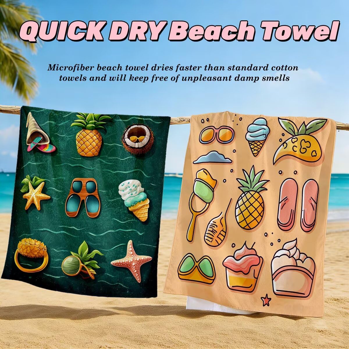 Toalla Playa 80x160 cm, Toalla Gimnasio Microfibra Secado Rapido, Juego de 2 Antiarena Toallas de Playa, Ligera Compacta Toallas Microfibra Grande para Viaje, Regalo Hombre Regalo Mujer (Lindo) -5035