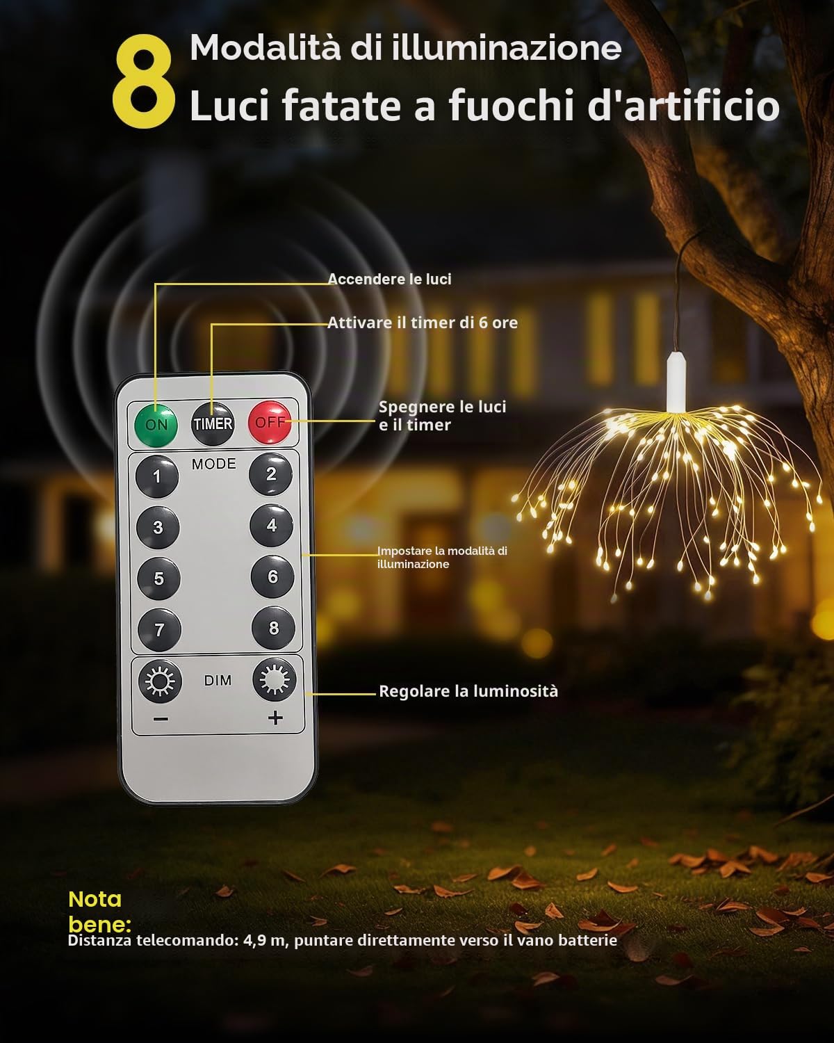 FOOING Luci Fuochi d’Artificio LED 120 LEDs, Ghirlanda a Batteria con 8 Modalità, Luci Decorative per Natale, Feste, Matrimoni, Finestre, Giardino ed Esterno